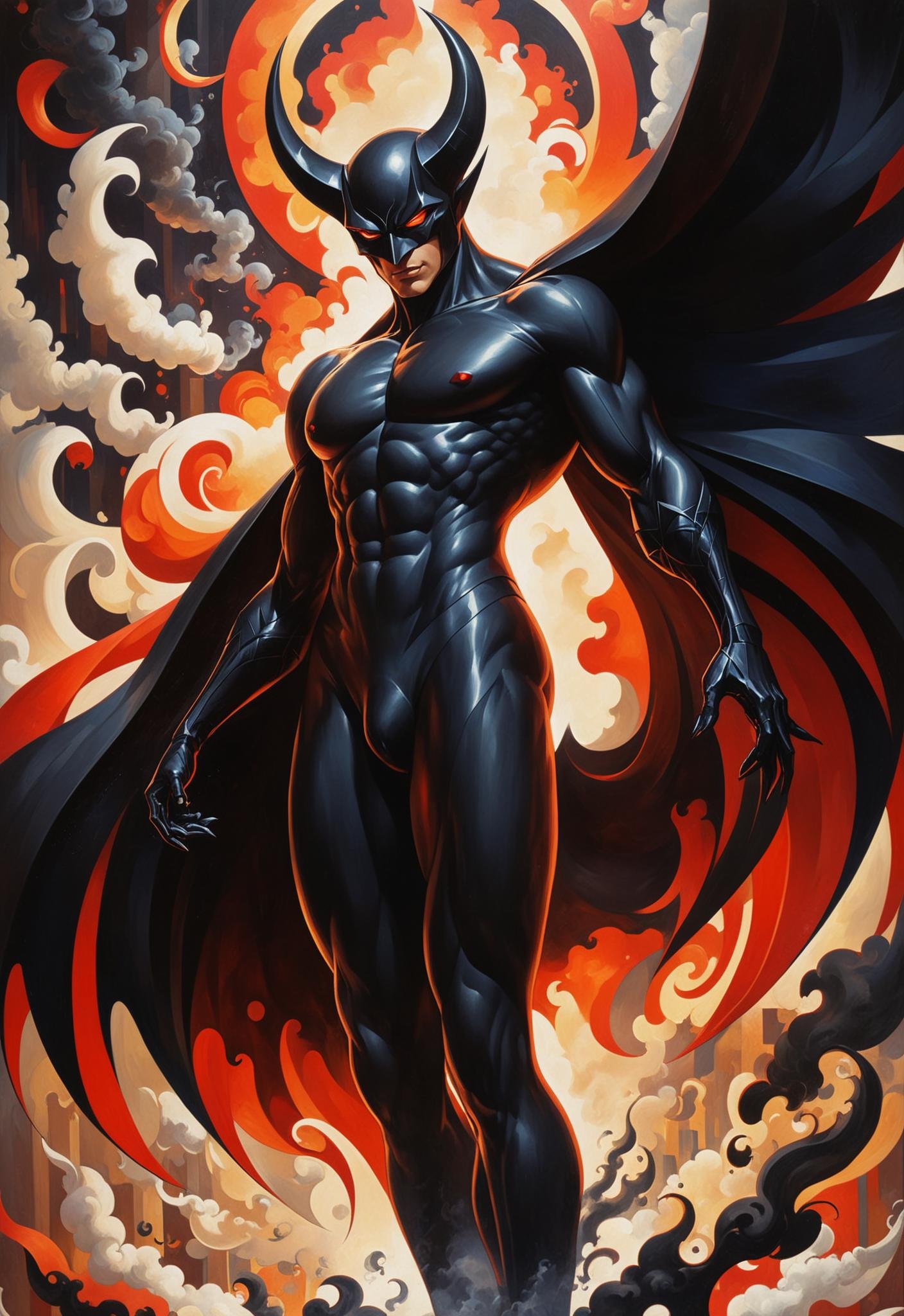 (Georgy Kurasov art:1.5), Black. Ultra High Definition. J horror anime style. A anime demon standing in the air, featuring black smoke, navy and light black styles, superheroes, anime gifts, chaotic forms, shadow masters, multi-level characters, and close-up intensity. 4K resolution