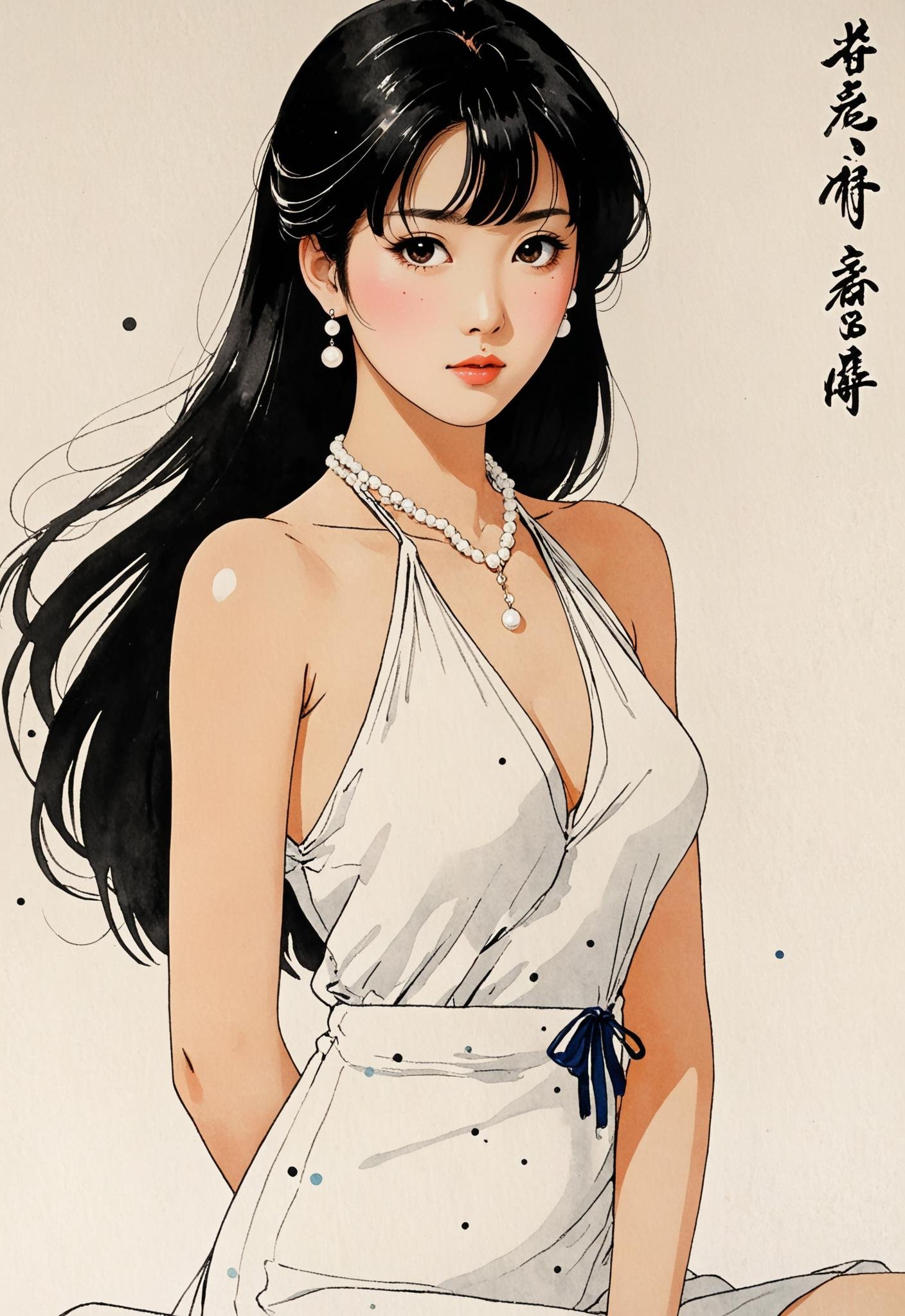 (drawn by Wu Guanzhong, ink artistic conception, abstract simple lines, minimalism, illustration style:1.5), (anime style:1.5), Upper body,beautiful Asian girl photos,a Chinese beauty, with long black hair and bangs, wearing a pearl necklace and a white halter dress with small dots,1980s anime,in the style of janpan manga,by Naoko Takeuchi