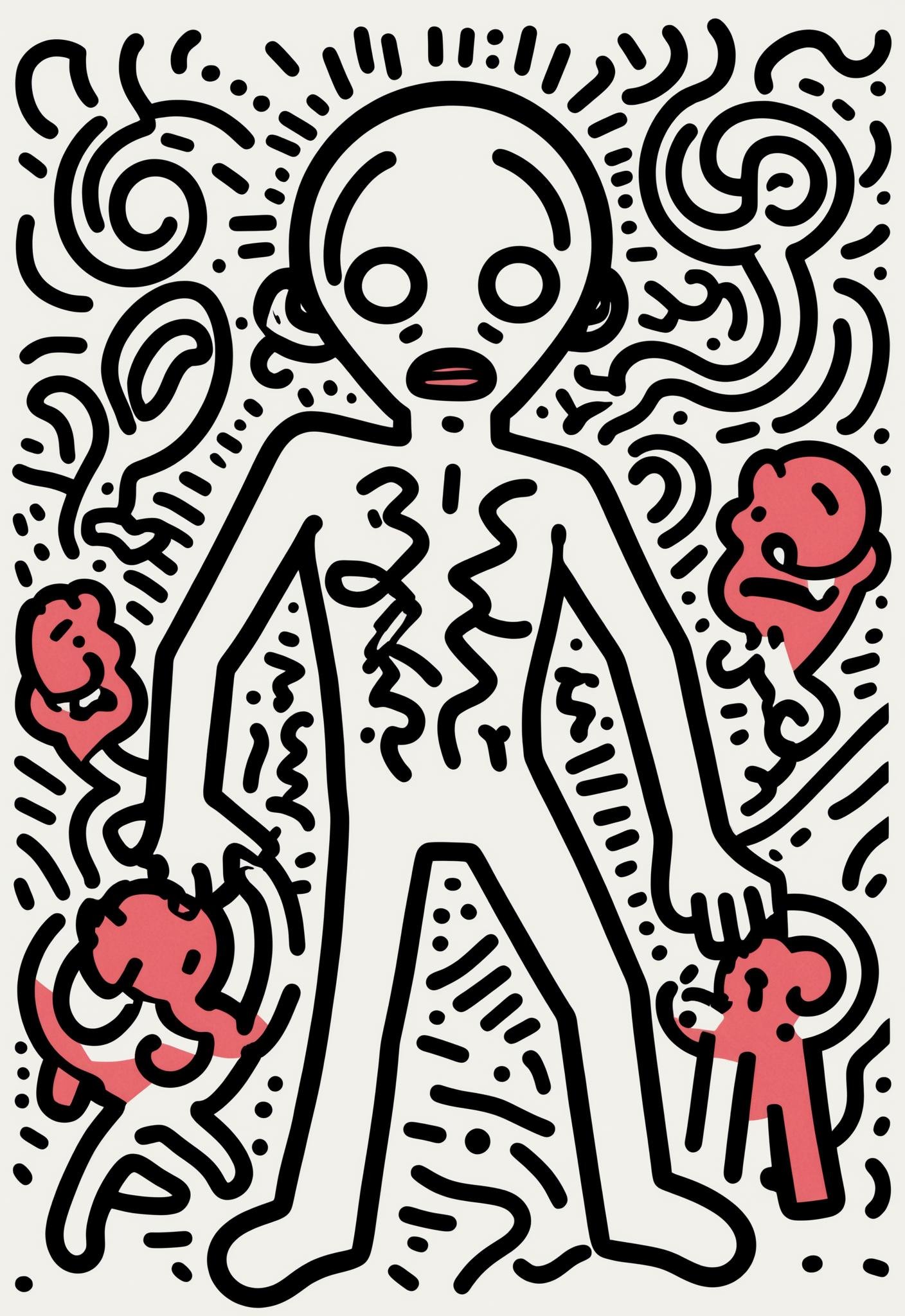 (anime style:1.5), doodle in the style of Keith Haring, flat illustration, sharpie illustration, bold lines and solid colors, minimalist, white background, simple and clean, simple details, vector illustration, Dvd screengrab, from 1985 dark fantasy film art, acid horror film directed by Ryûtarô Nakamura insectoid creature, high detail, realsitic shadow