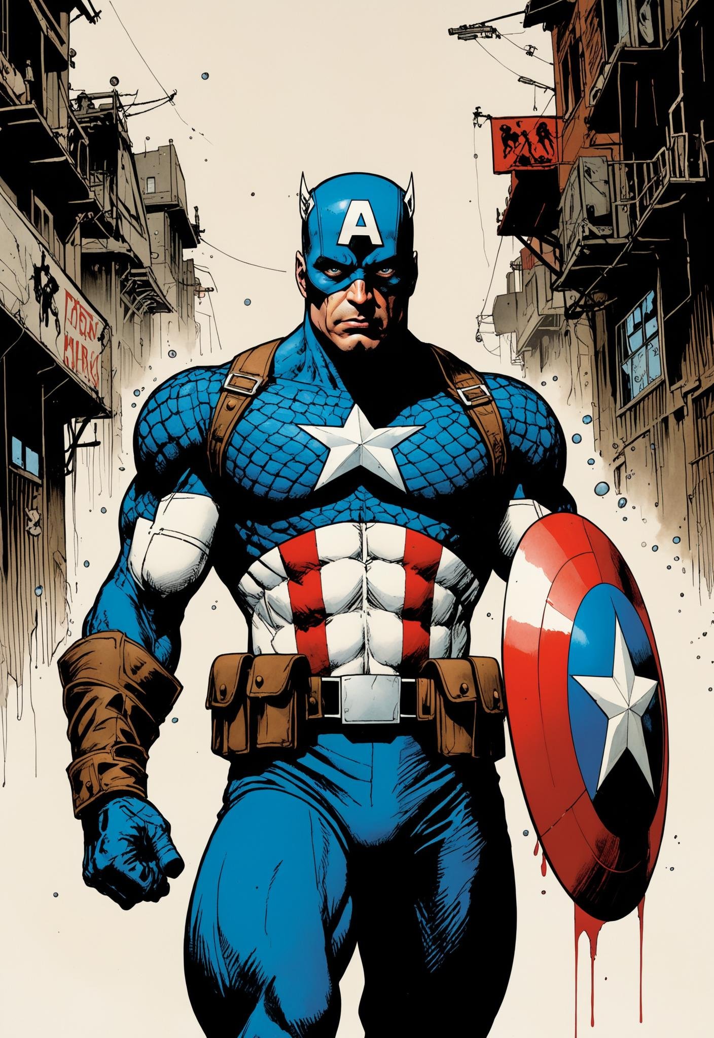 (drawn by Wu Guanzhong, ink artistic conception, abstract simple lines, minimalism, illustration style:1.5), (anime style:1.5), Air brush of long shot creepy captain america, marvel character, in the style of richard corben, by todd mcfarlane, arthur sarnoff, nightmarish illustrations, nightmares, highly details, extremely detailed, gorecore, foreboding colors