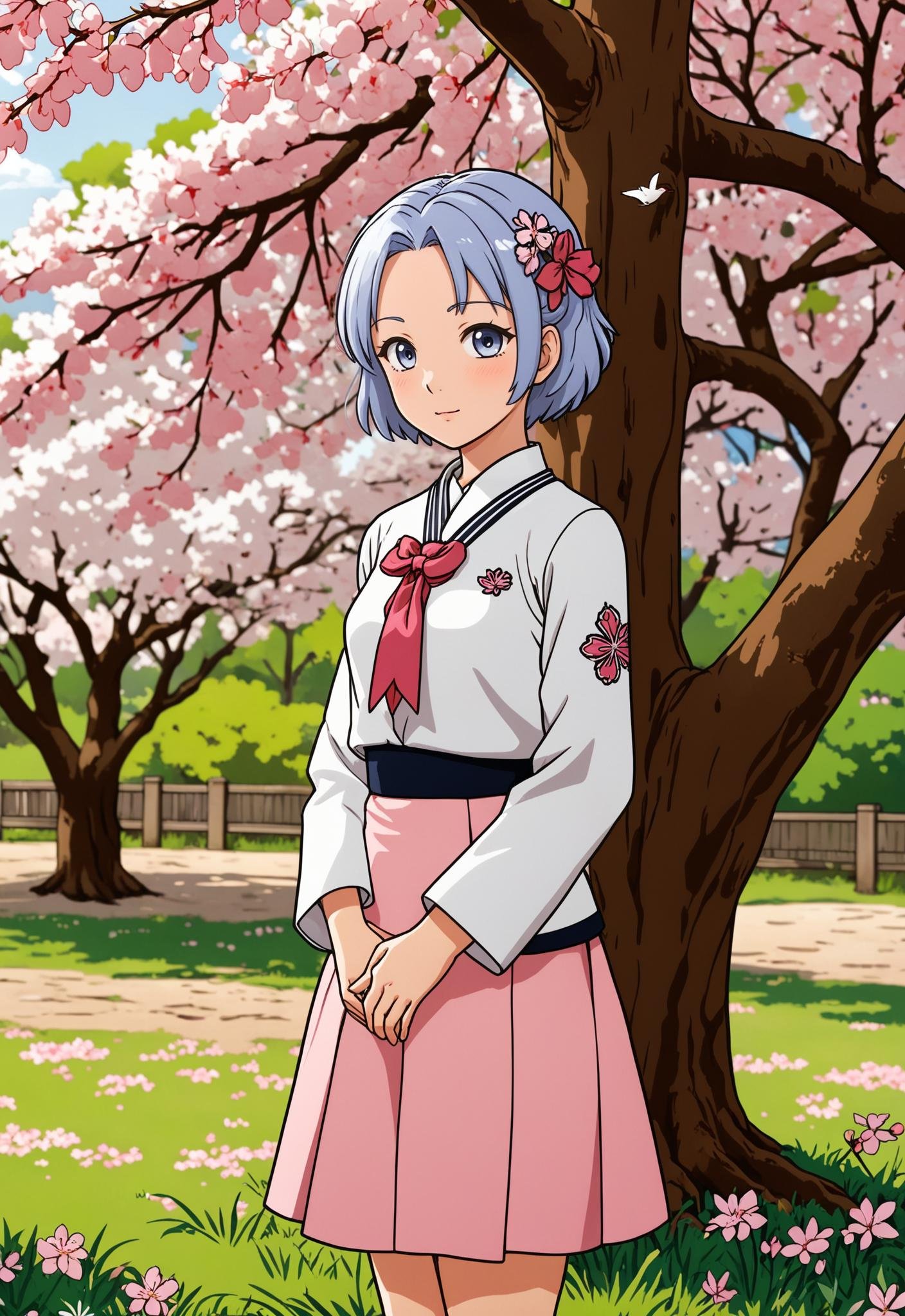 In a serene scene from "Re:Zero," Rem stands beneath the boughs of a majestic cherry blossom tree, its delicate pink blossoms casting a soft hue over the tranquil setting. Dressed in a traditional school uniform, her expression is one of quiet contemplation as she gazes upon the ethereal beauty of the blossoms. The gentle breeze carries the sweet fragrance of the flowers, mingling with the sound of rustling leaves and the distant chirping of birds. Sunlight filters through the branches, dappling the ground with shifting patterns of light and shadow. Rem's presence beneath the cherry blossom tree evokes a sense of harmony and serenity, a fleeting moment of peace amidst the chaos of the world. As she stands amidst nature's splendor, she finds solace and renewal in the quiet beauty that surrounds her, (anime style:1.5), doodle in the style of Keith Haring, flat illustration, sharpie illustration, bold lines and solid colors, minimalist, white background, simple and clean, simple details, vector illustration