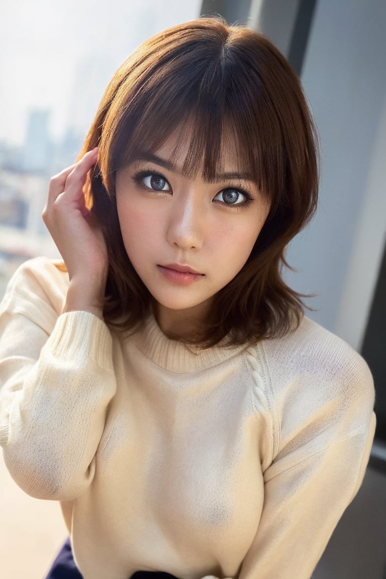 1girl, realistic photo of a 30 years old, (sweater:1.3), skirt, (short-hair:1.2), (small breasts:1.1), playful expression, (dynamic pose:1.3), (characters are full of composition, perfect anatomy, flawless face, perfect eyes, expresive eyes, perfect female body, narrow waist, very attractive beauty), (8K, ultra-detailed, masterpiece, best quality, detailed, highly detailed, sharp focus, detailed face, face focus focus, realisitic,Photorealsitic, Highest Detail Face) , (medium shot:1.3), (wide angle), (look at viewer:1.3), look closely at the camera, (natural lighting:1.4), (professional lighting), best shadow, (warm color), ( simple background:1.4), (Safe for work:1.3),yuka