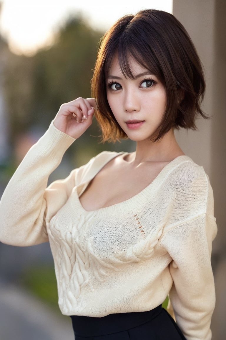 1girl, realistic photo of a 30 years old, (sweater:1.3), skirt, (short-hair:1.2), (small breasts:1.1), playful expression, (dynamic pose:1.3), (characters are full of composition, perfect anatomy, flawless face, perfect eyes, expresive eyes, perfect female body, narrow waist, very attractive beauty), (8K, ultra-detailed, masterpiece, best quality, detailed, highly detailed, sharp focus, detailed face, face focus focus, realisitic,Photorealsitic, Highest Detail Face) , (medium shot:1.3), (wide angle), (look at viewer:1.3), look closely at the camera, (natural lighting:1.4), (professional lighting), best shadow, (warm color), ( simple background:1.4), (Safe for work:1.3),yuka