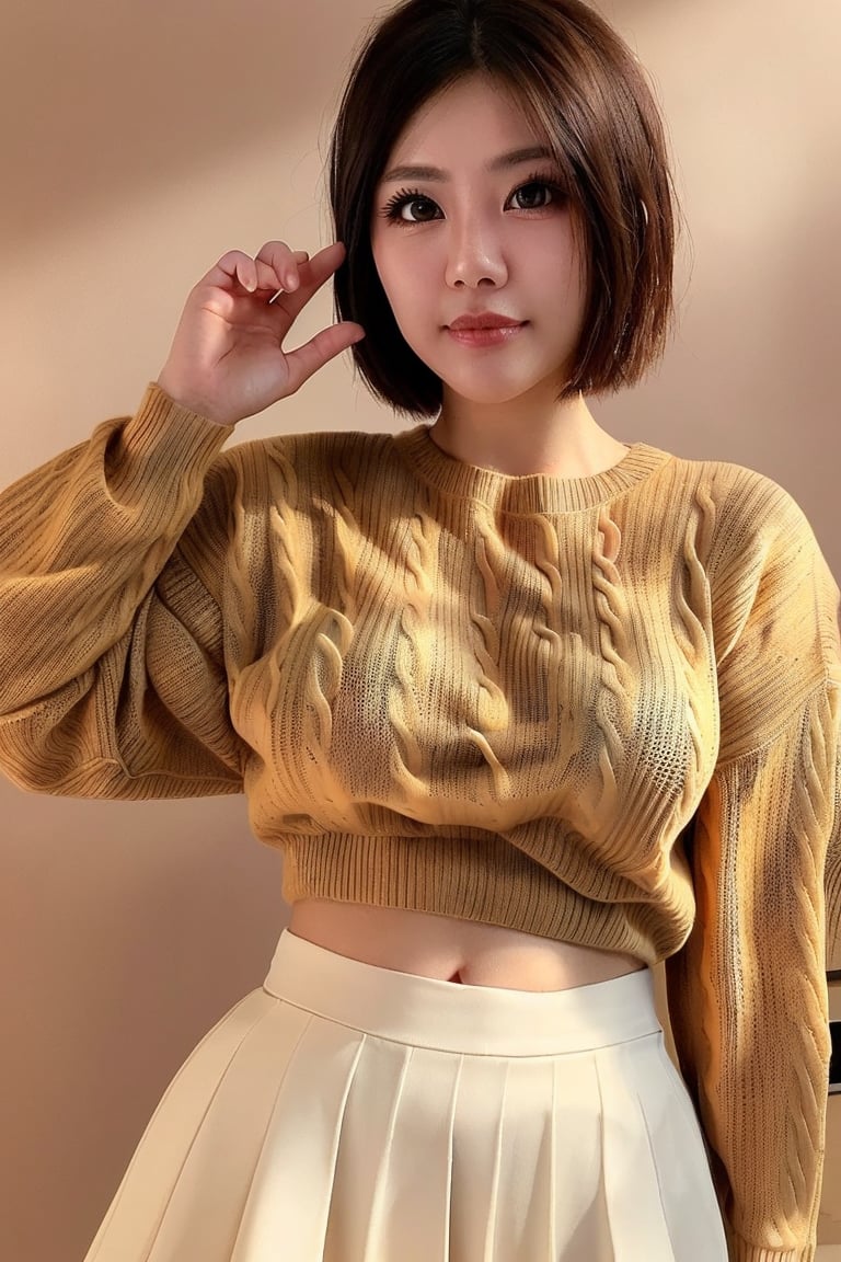 1girl, realistic photo of a 30 years old, (sweater:1.3), skirt, (short-hair:1.2), (small breasts:1.1), playful expression, (dynamic pose:1.3), (characters are full of composition, perfect anatomy, flawless face, perfect eyes, expresive eyes, perfect female body, narrow waist, very attractive beauty), (8K, ultra-detailed, masterpiece, best quality, detailed, highly detailed, sharp focus, detailed face, face focus focus, realisitic,Photorealsitic, Highest Detail Face) , (medium shot:1.3), (wide angle), (look at viewer:1.3), look closely at the camera, (natural lighting:1.4), (professional lighting), best shadow, (warm color), ( simple background:1.4), (Safe for work:1.3),niparat