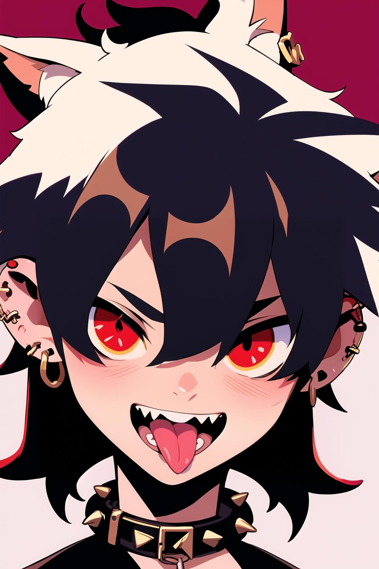 i want the whole image to be created in 3D anime style, solo, looking at viewer, smile, short hair, open mouth, bangs, simple background, shirt, black hair, red eyes, 1boy, white background, animal ears, hair between eyes, jewelry, male focus, earrings, teeth, tongue, tongue out, collar, black shirt, chain, fangs, piercing, ear piercing, portrait, dog ears, spikes