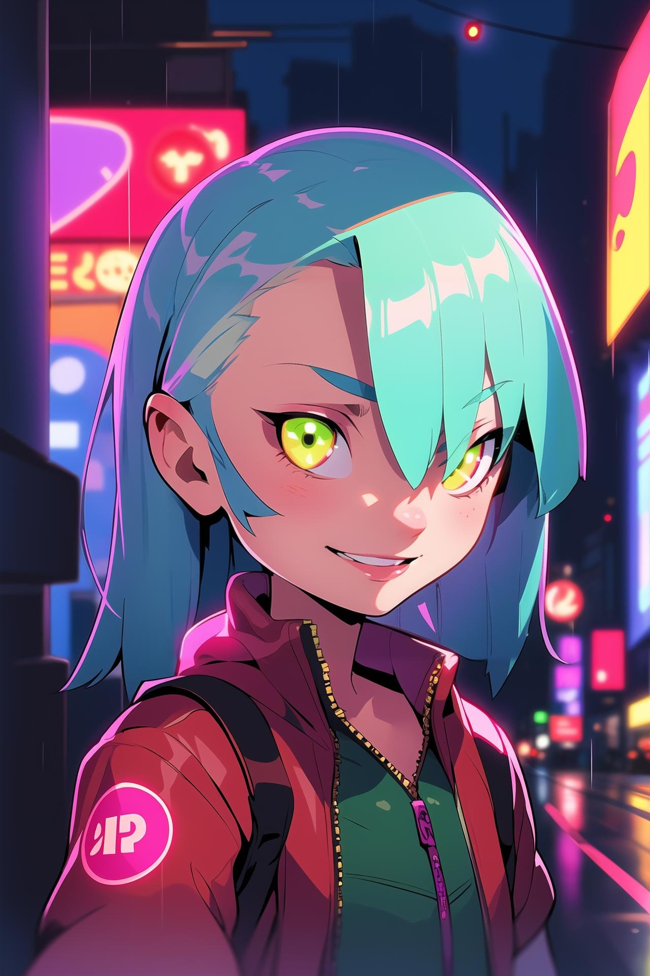 masterpiece, best quality, half body, portrait, night city, 1girl, anime, 3D, Japan, pixar, realistic, teen girl, smiling, cute face, harajuku fashion style, rain coat, beautiful, colourful, neon lights, cyberpunk, smooth skin, illustration, by stanley artgerm lau, sideways glance, foreshortening, extremely detailed 8K, smooth, high resolution, ultra quality, highly detail eyes, highly detail mouth, highly detailed face, perfect eyes, both eyes are the same, glare, Iridescent, Global illumination, hd, 8k realistic light and shadow, bright Eyes, fluorescent eyes