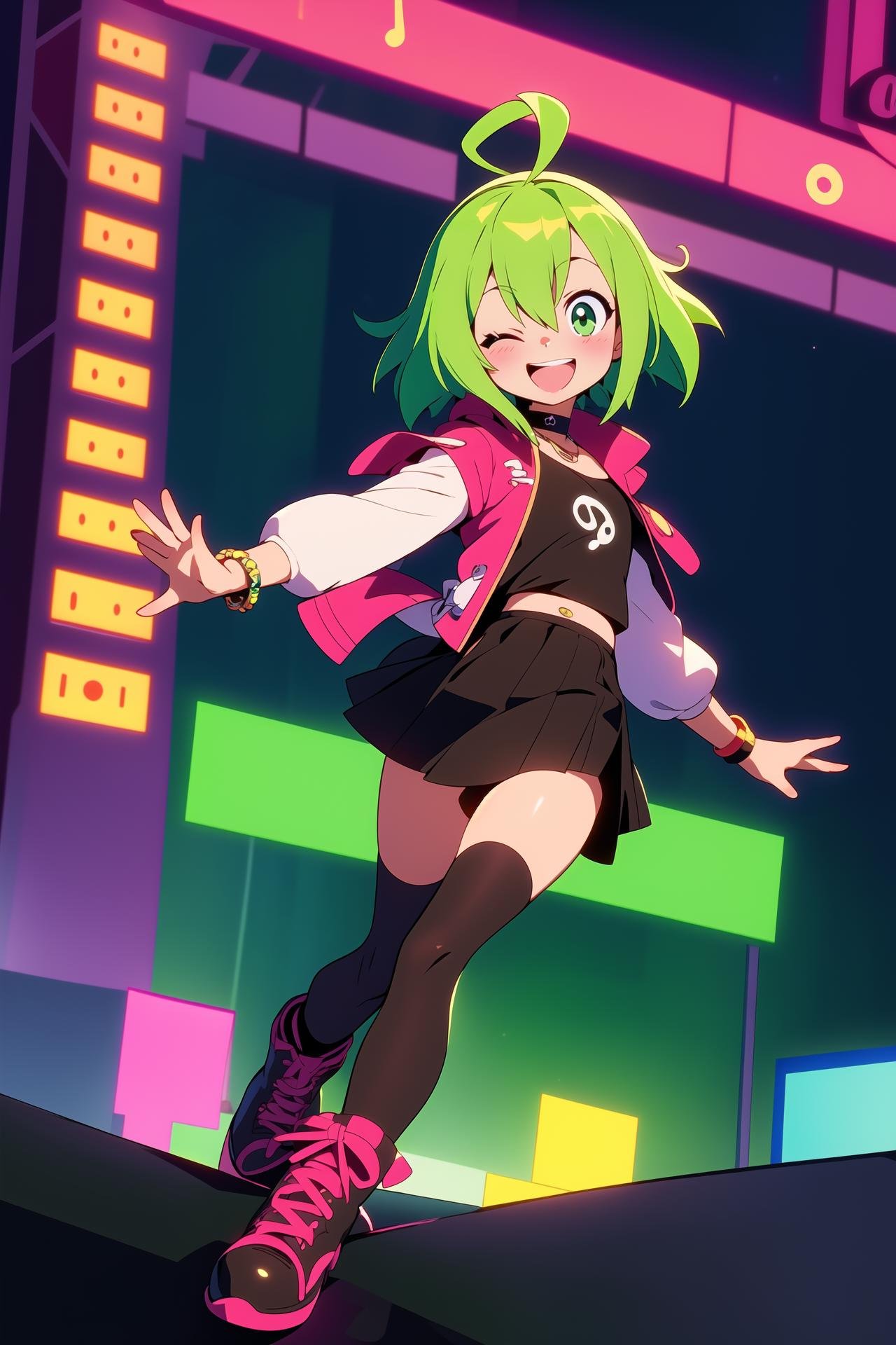 i want the whole image to be created in 3D anime style, 1girl, solo, looking at viewer, blush, smile, short hair, open mouth, skirt, thighhighs, ahoge, multicolored hair, boots, one eye closed, green hair, virtual youtuber, bracelet, musical note, eighth note, beamed eighth notes, quarter note