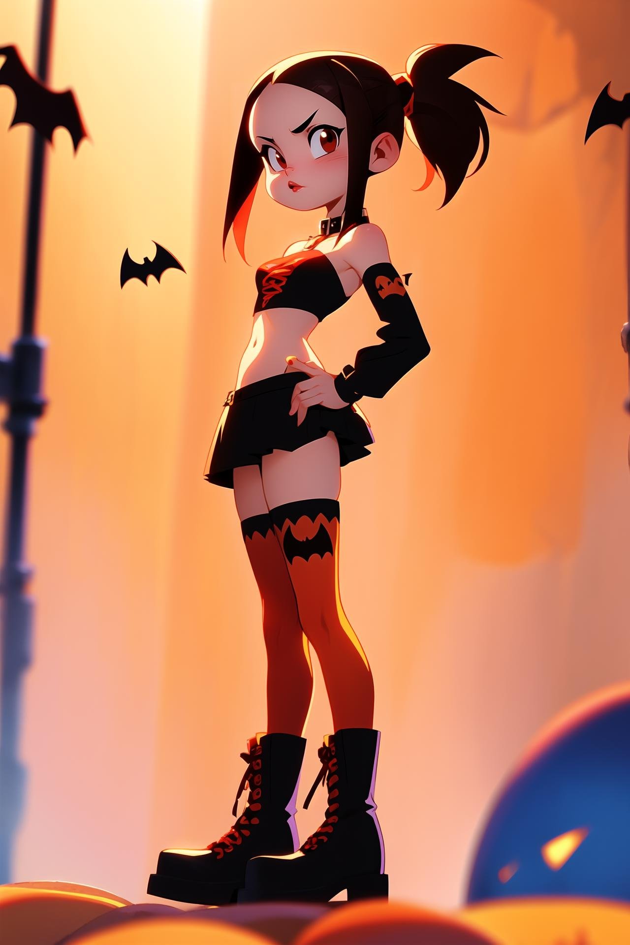 1girl, solo, long hair, breasts, looking at viewer, bangs, large breasts, brown hair, thighhighs, navel, bare shoulders, brown eyes, closed mouth, standing, full body, ponytail, boots, detached sleeves, wings, stomach, black footwear, blurry, lips, hand on hip, parted bangs, detached collar, blurry background, demon girl, high ponytail, revealing clothes, cross-laced footwear, halloween, demon wings, jack-o'-lantern, red lips, halloween costume, print legwear, pumpkin, bat print, shiranui mai