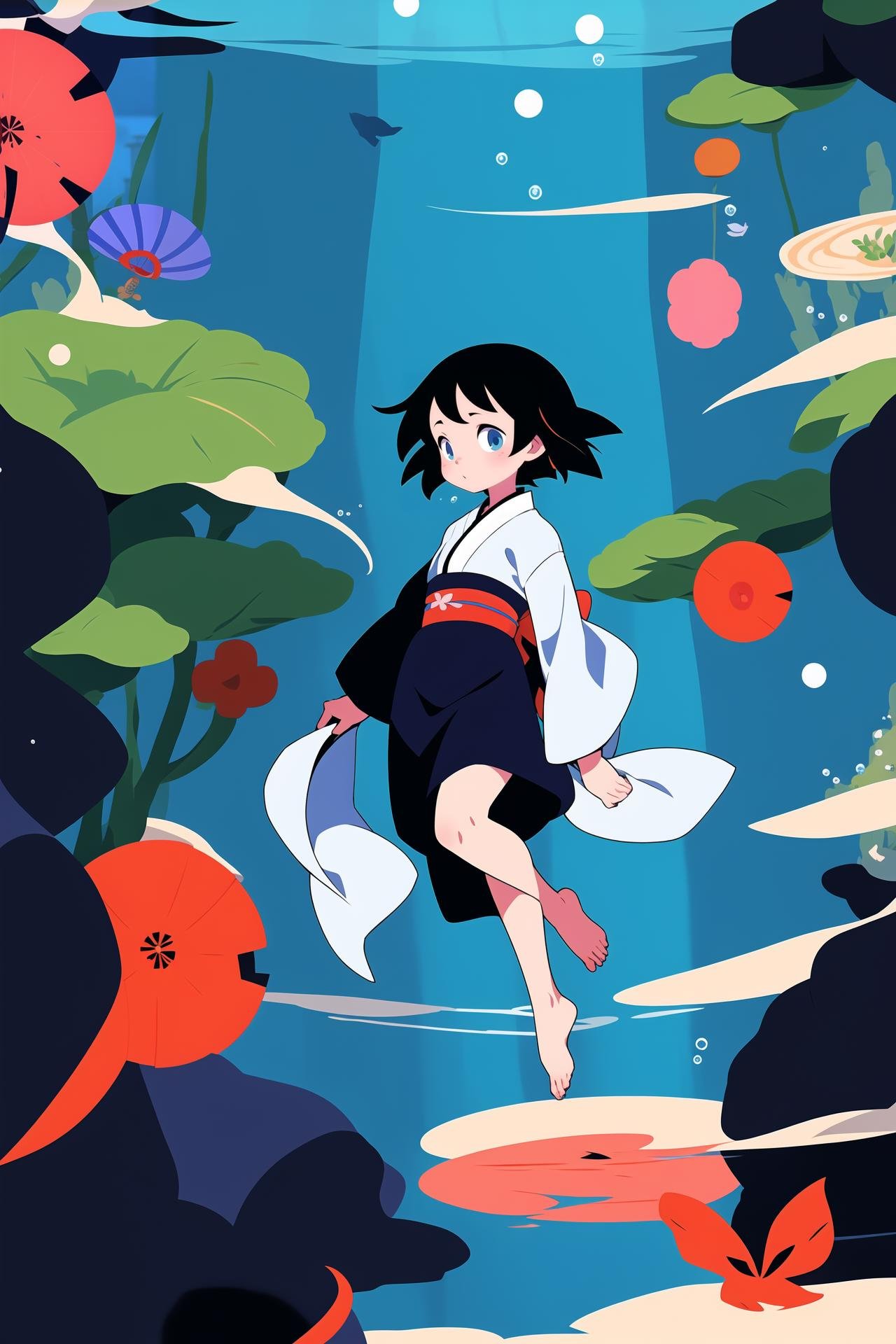 1girl, solo, short hair, blue eyes, black hair, long sleeves, japanese clothes, barefoot, kimono, sash, obi, bubble, white kimono, underwater, air bubble, submerged, ryougi shiki