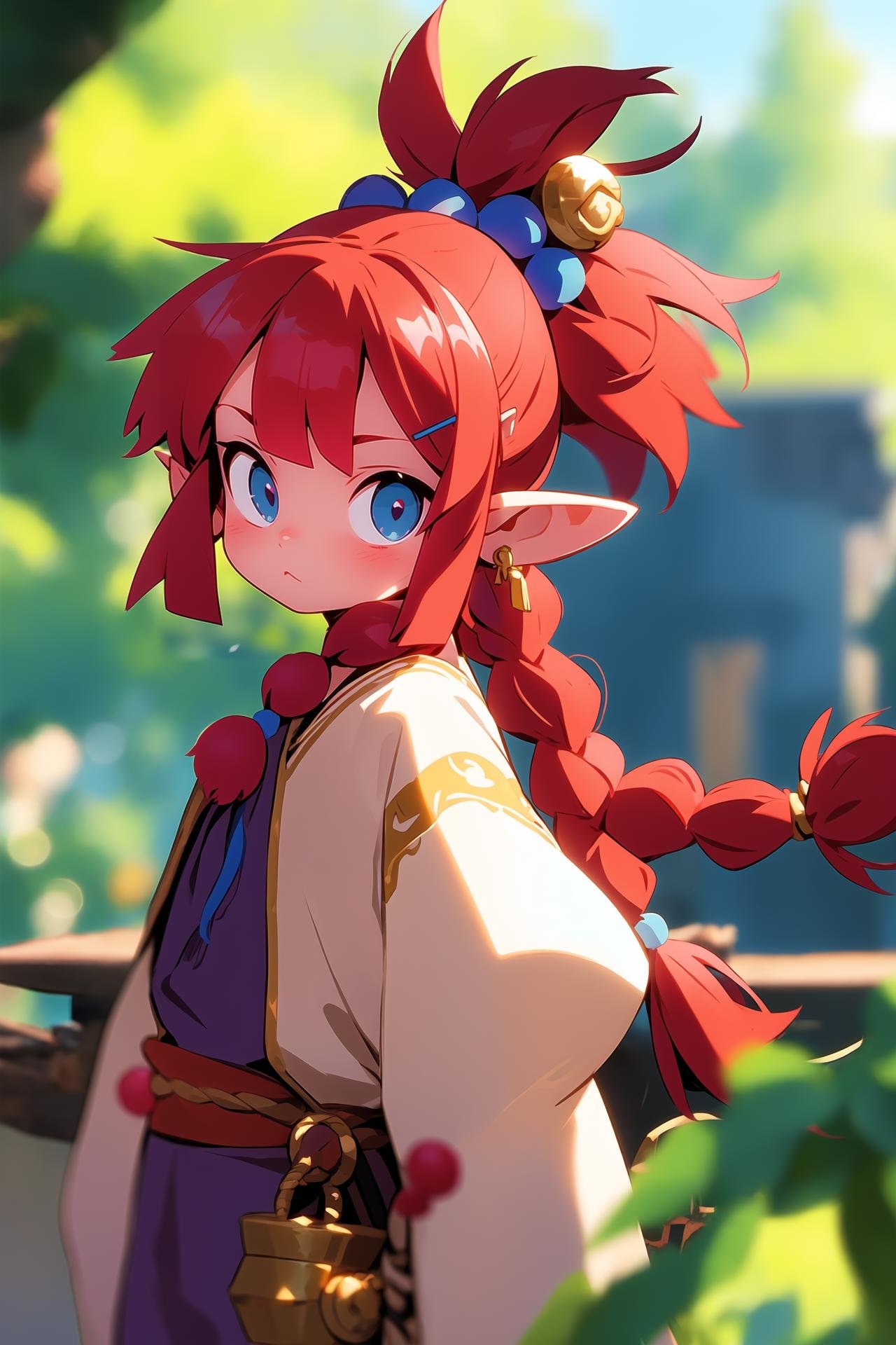 i want the whole image to be created in 3D anime style,  solo, long hair, looking at viewer, bangs, blue eyes, hair ornament, 1boy, jewelry, closed mouth, upper body, weapon, braid, male focus, red hair, earrings, outdoors, pointy ears, hairclip, sword, blurry, single braid, depth of field, blurry background, tassel, beads, hair tie, topknot, hair beads, multiple braids