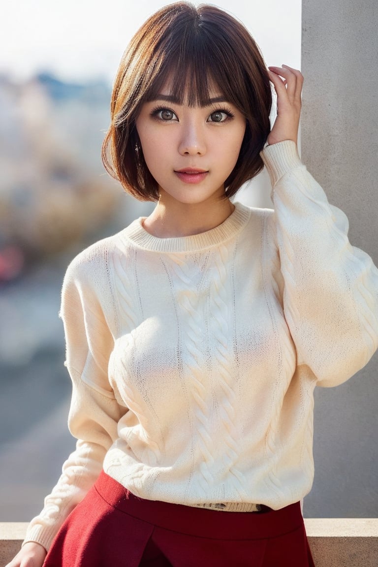 1girl, realistic photo of a 30 years old, (sweater:1.3), skirt, (short-hair:1.2), (small breasts:1.1), playful expression, (dynamic pose:1.3), (characters are full of composition, perfect anatomy, flawless face, perfect eyes, expresive eyes, perfect female body, narrow waist, very attractive beauty), (8K, ultra-detailed, masterpiece, best quality, detailed, highly detailed, sharp focus, detailed face, face focus focus, realisitic,Photorealsitic, Highest Detail Face) , (medium shot:1.3), (wide angle), (look at viewer:1.3), look closely at the camera, (natural lighting:1.4), (professional lighting), best shadow, (warm color), ( simple background:1.4), (Safe for work:1.3),yuka