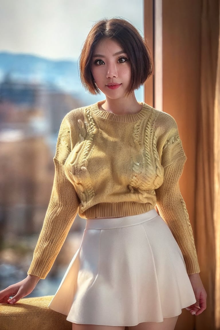 1girl, realistic photo of a 30 years old, (sweater:1.3), skirt, (short-hair:1.2), (small breasts:1.1), playful expression, (dynamic pose:1.3), (characters are full of composition, perfect anatomy, flawless face, perfect eyes, expresive eyes, perfect female body, narrow waist, very attractive beauty), (8K, ultra-detailed, masterpiece, best quality, detailed, highly detailed, sharp focus, detailed face, face focus focus, realisitic,Photorealsitic, Highest Detail Face) , (medium shot:1.3), (wide angle), (look at viewer:1.3), look closely at the camera, (natural lighting:1.4), (professional lighting), best shadow, (warm color), ( simple background:1.4), (Safe for work:1.3),niparat