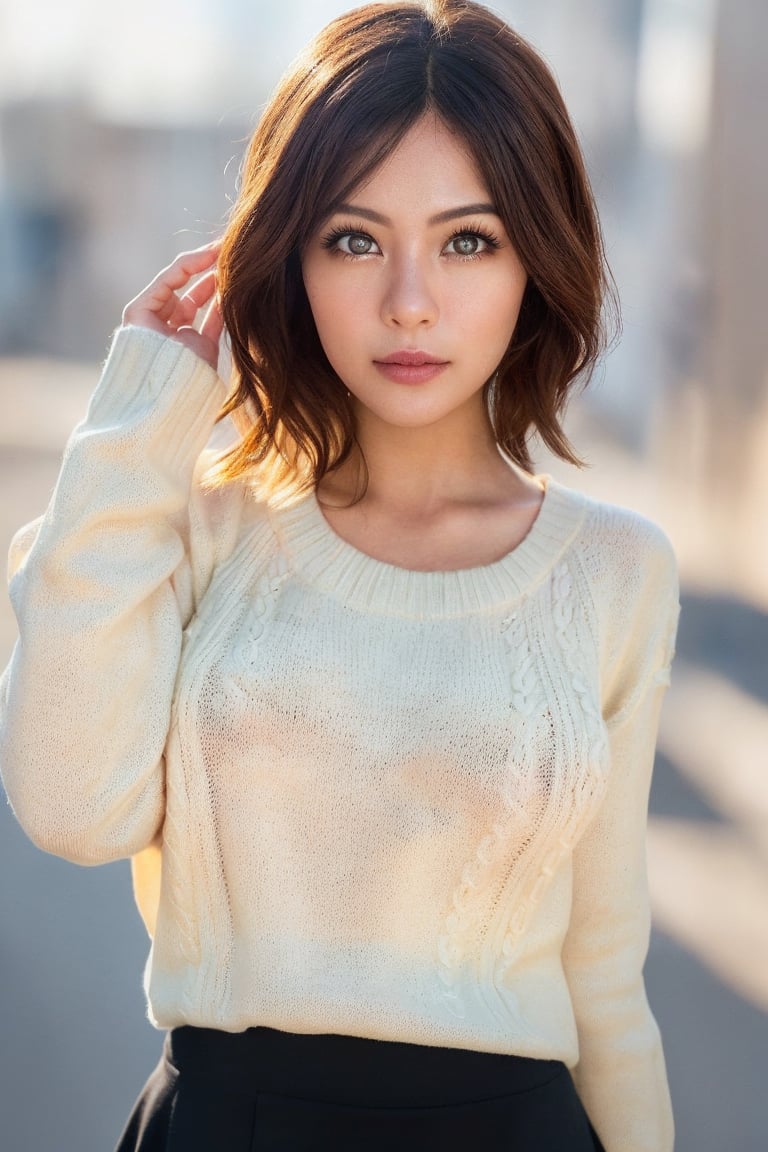 1girl, realistic photo of a 30 years old, (sweater:1.3), skirt, (short-hair:1.2), (small breasts:1.1), playful expression, (dynamic pose:1.3), (characters are full of composition, perfect anatomy, flawless face, perfect eyes, expresive eyes, perfect female body, narrow waist, very attractive beauty), (8K, ultra-detailed, masterpiece, best quality, detailed, highly detailed, sharp focus, detailed face, face focus focus, realisitic,Photorealsitic, Highest Detail Face) , (medium shot:1.3), (wide angle), (look at viewer:1.3), look closely at the camera, (natural lighting:1.4), (professional lighting), best shadow, (warm color), ( simple background:1.4), (Safe for work:1.3),yuka