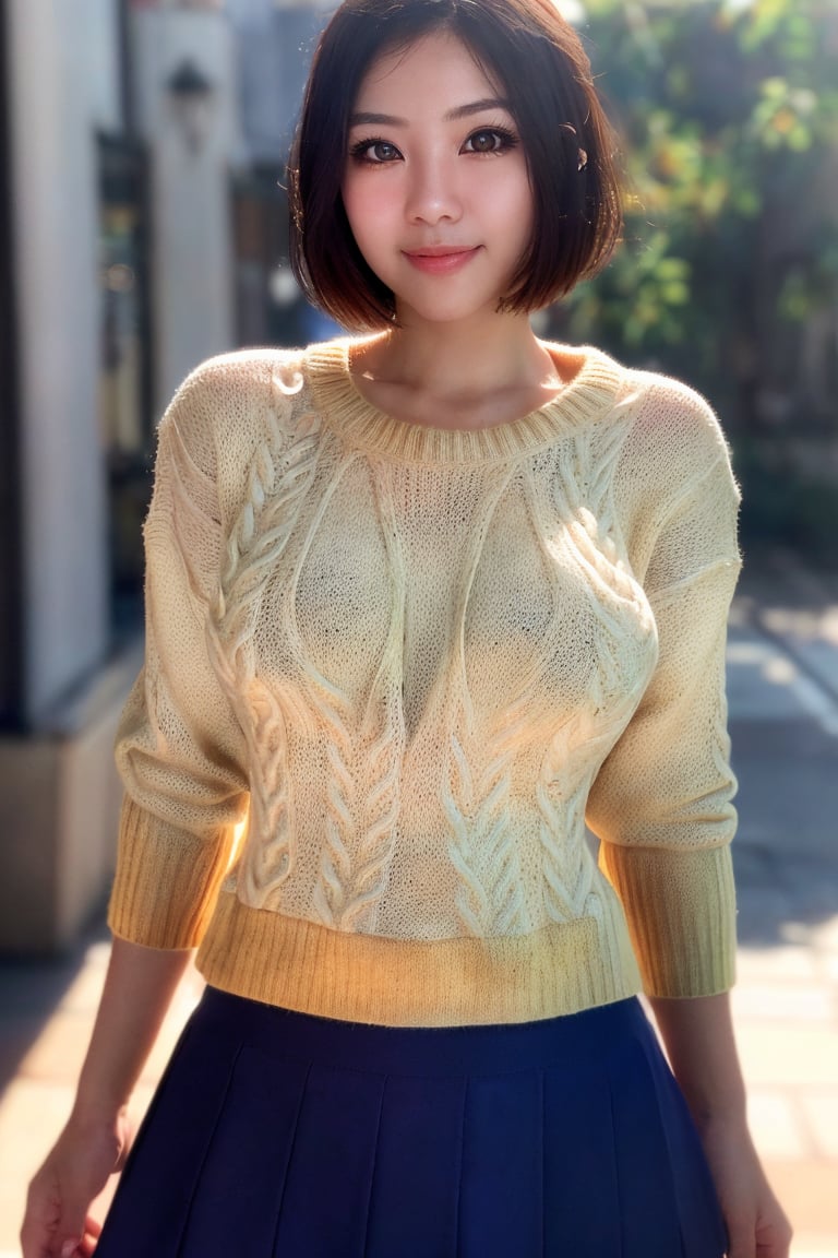 1girl, realistic photo of a 30 years old, (sweater:1.3), skirt, (short-hair:1.2), (small breasts:1.1), playful expression, (dynamic pose:1.3), (characters are full of composition, perfect anatomy, flawless face, perfect eyes, expresive eyes, perfect female body, narrow waist, very attractive beauty), (8K, ultra-detailed, masterpiece, best quality, detailed, highly detailed, sharp focus, detailed face, face focus focus, realisitic,Photorealsitic, Highest Detail Face) , (medium shot:1.3), (wide angle), (look at viewer:1.3), look closely at the camera, (natural lighting:1.4), (professional lighting), best shadow, (warm color), ( simple background:1.4), (Safe for work:1.3),niparat