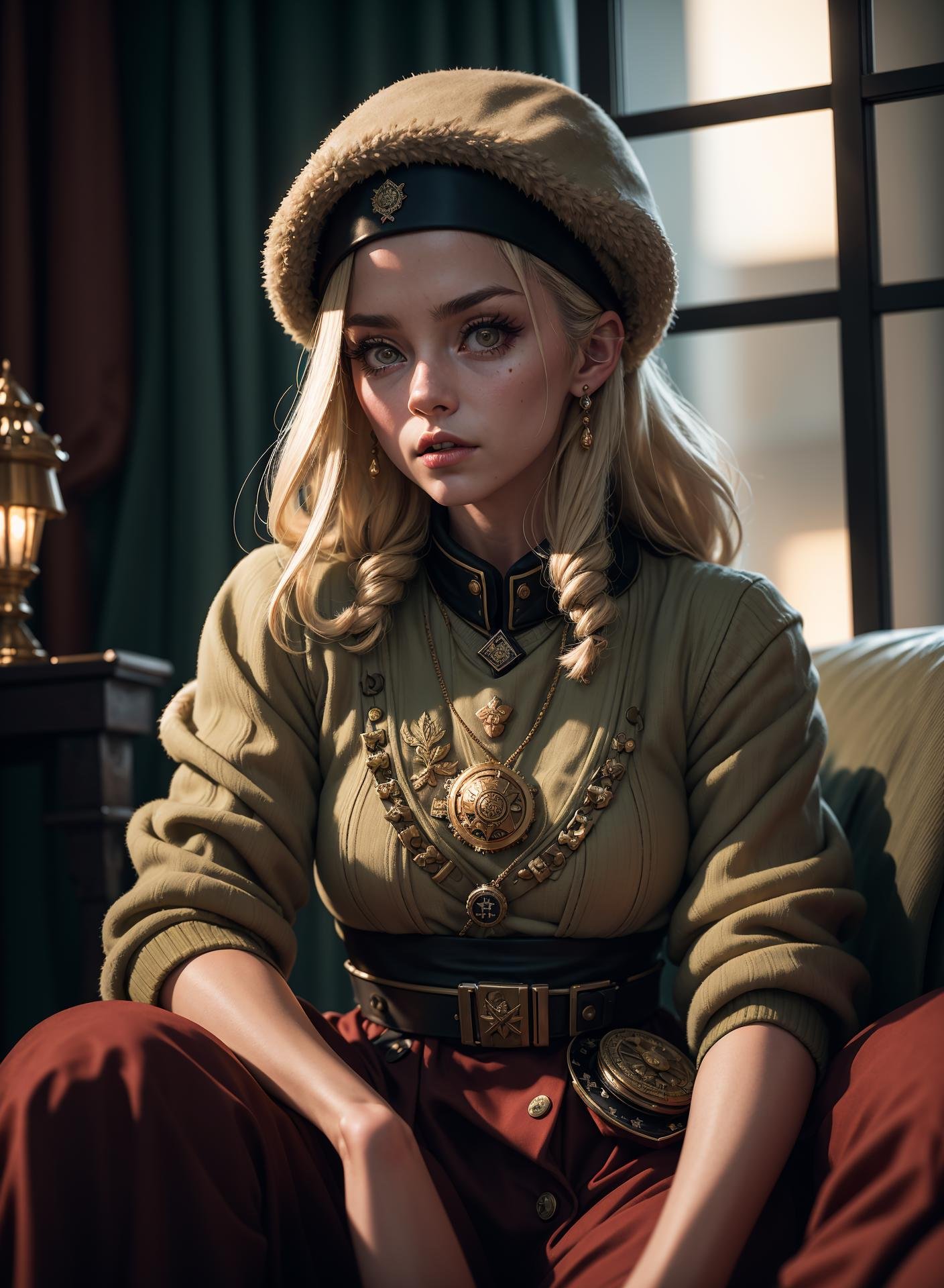 postapocalypse, High detail RAW color Photo, closeup shot, of (rebellious Polish woman, wearing Slavic attire, military Cossack Ushanka), (sitting on couch in (Atompunk) soviet union living room), (Cyrillic tattoos), (elegant, beautiful face), (retrofuturism), mechanical, gears, (detailed skin), (oil:0.6), (tesla coil:0.4), (Nixie tube:0.8), (highly detailed, hyperdetailed, intricate), (bloom:0.4), soft lighting, (side lighting:0.8), shadow casting, deep focus, photographed on a Leica 10772 M-P, 85mm macro lens, F/8 aperture, film still, (Cursed soldiers, rebellion)