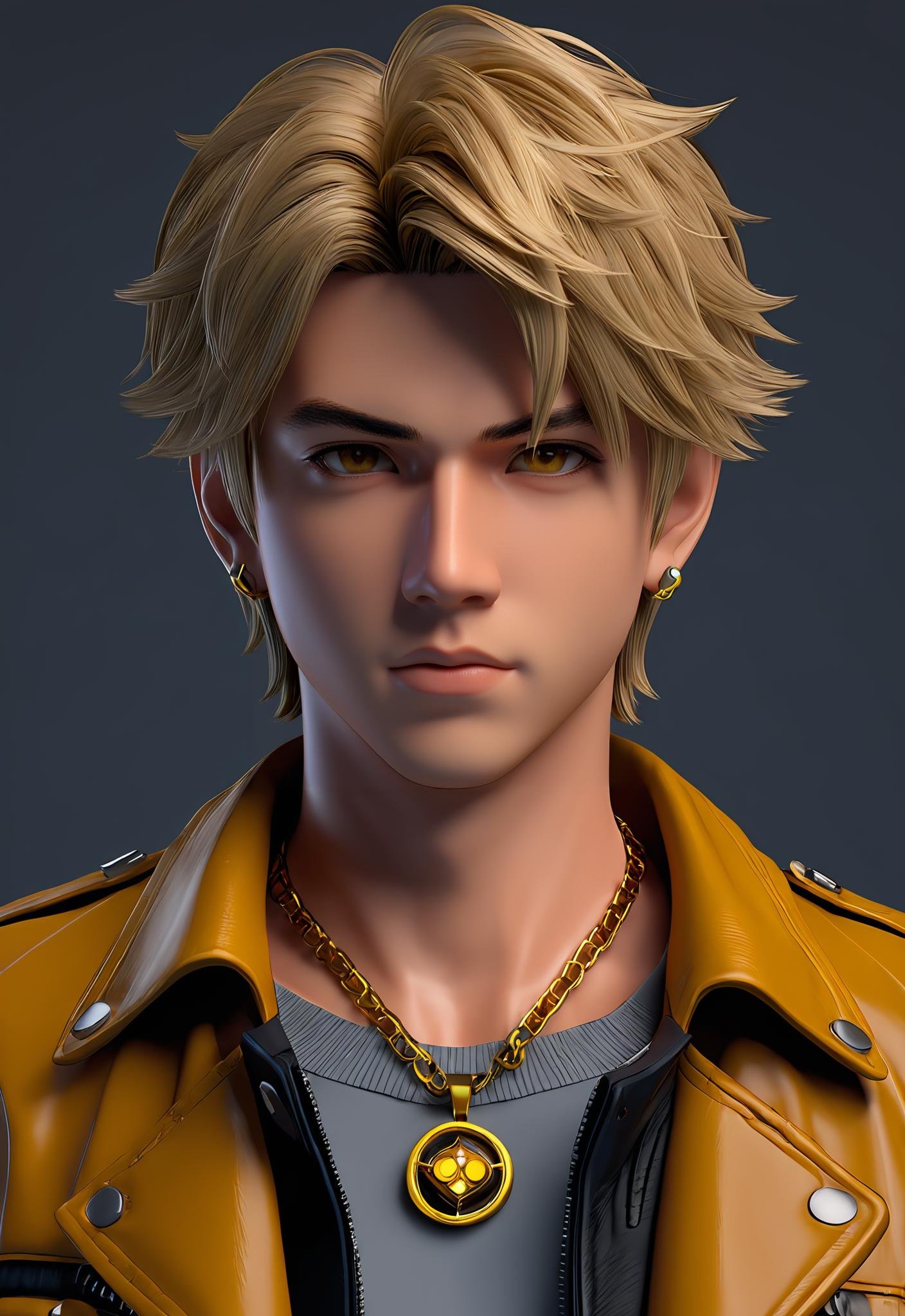 i want the whole image to be created in 3D anime style, solo, looking at viewer, short hair, blonde hair, simple background, shirt, 1boy, brown eyes, jewelry, closed mouth, jacket, yellow eyes, upper body, male focus, earrings, necklace, portrait, brown jacket, realistic, nose, leather, leather jacket