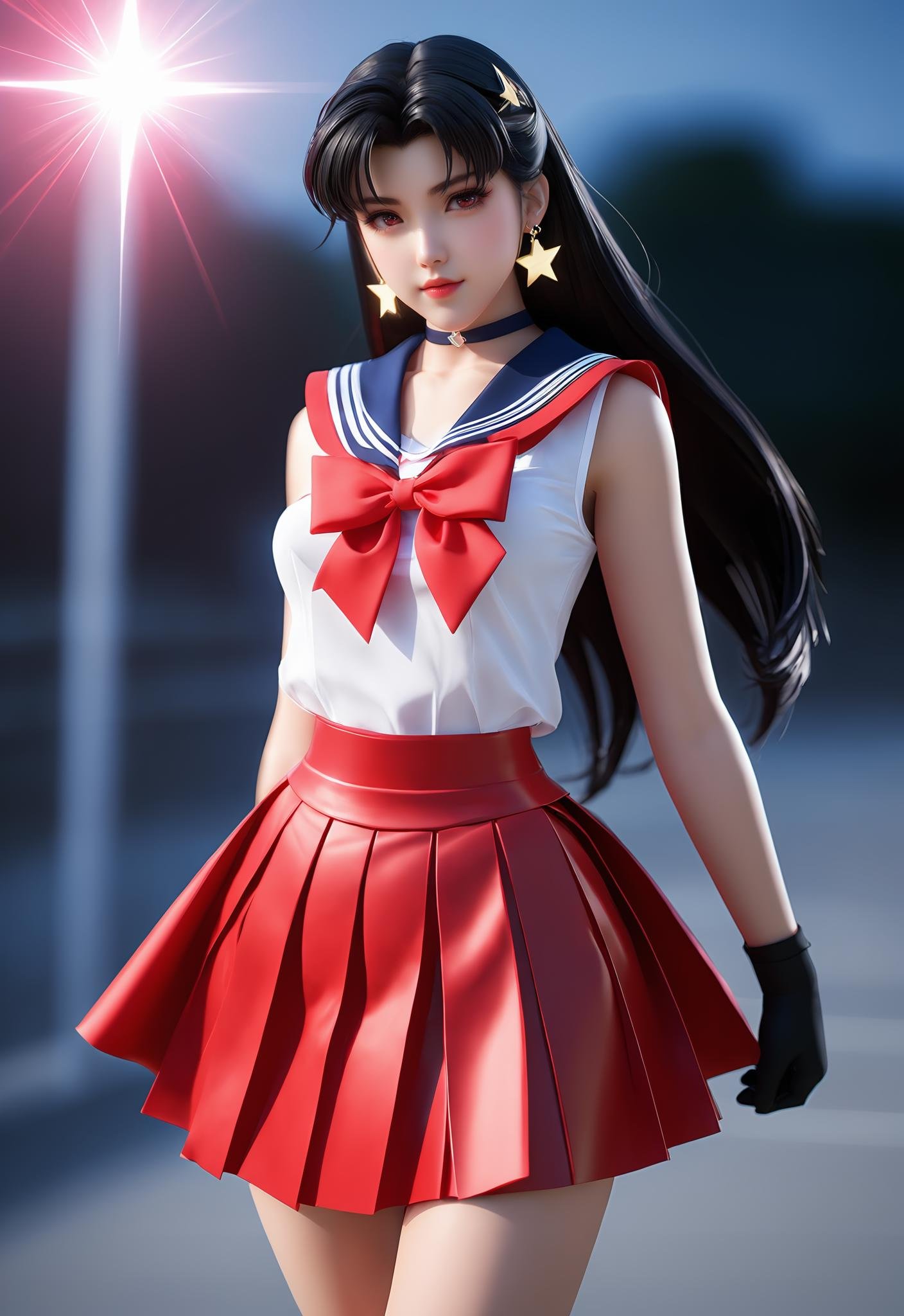 i want the whole image to be created in 3D anime style, 1girl, solo, long hair, looking at viewer, skirt, shirt, black hair, gloves, bow, jewelry, closed mouth, upper body, pleated skirt, earrings, sleeveless, choker, elbow gloves, bowtie, sailor collar, star (symbol), blurry, red bow, lips, blurry background, red skirt, magical girl, tiara, circlet, realistic, star earrings, sailor senshi uniform, red sailor collar, hino rei, sailor mars