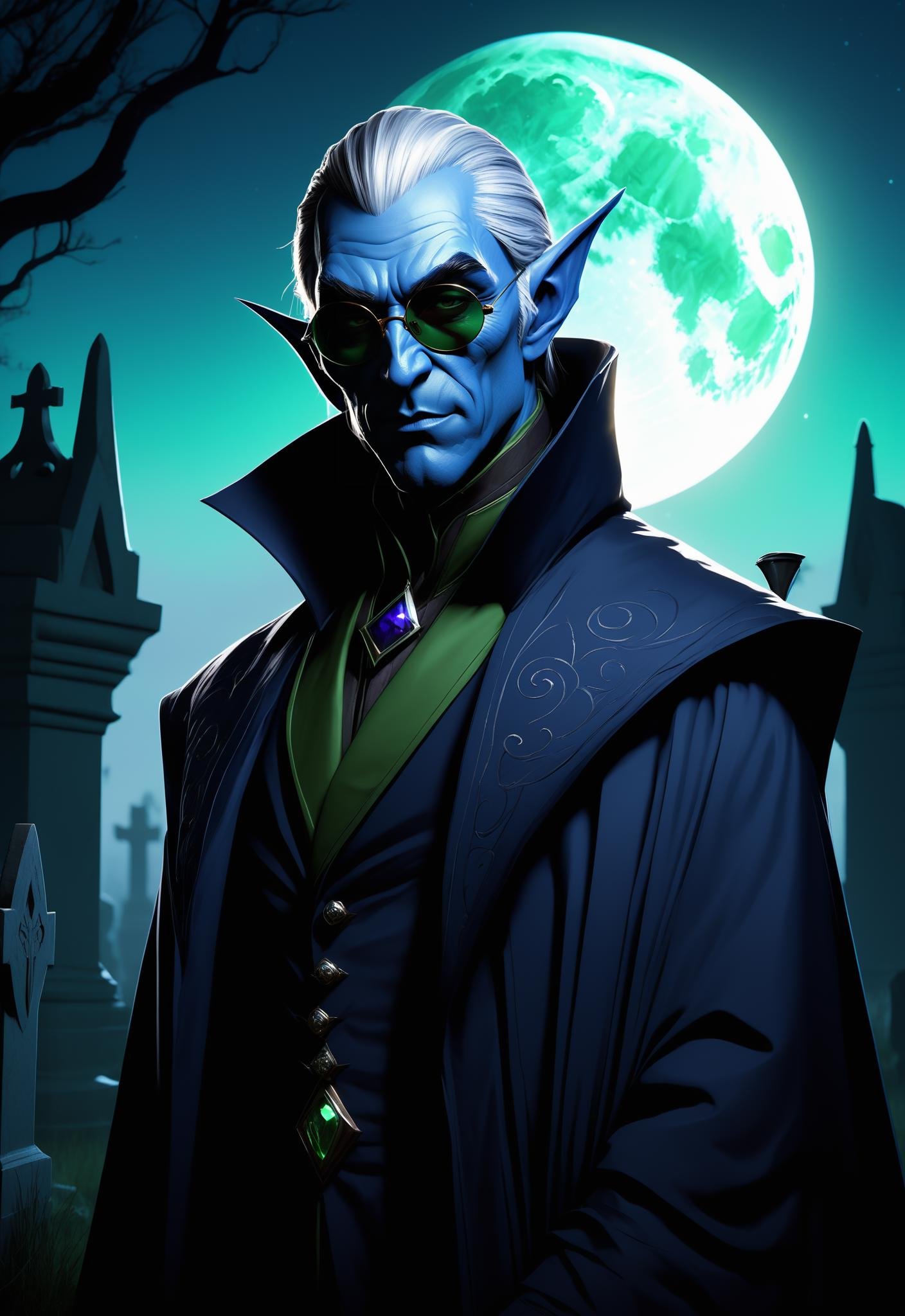 Character design, digital painting, old male drow, dark elf, blue skin, pointy ears, asymmetrical triangular face, sharp features, black hair, gaunt, small jaw, shy smile, shabby, small and frail build, dark blue long coat, green circular sunglasses, night, full moon, dark old cemetery background, dark fantasy, grimdark, Victorian era inspired, volumetric lighting, hdr, sharp focus, illustration, character design, art by artgerm, inspirede by western anime style