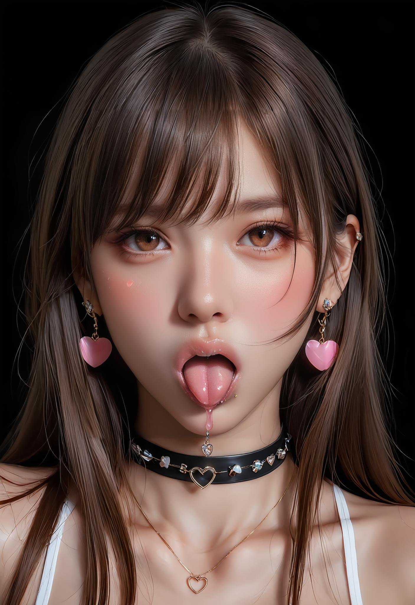 1girl, solo, long hair, looking at viewer, blush, bangs, brown hair, brown eyes, jewelry, heart, sweat, earrings, teeth, choker, tongue, tongue out, lips, saliva, black background, portrait, realistic