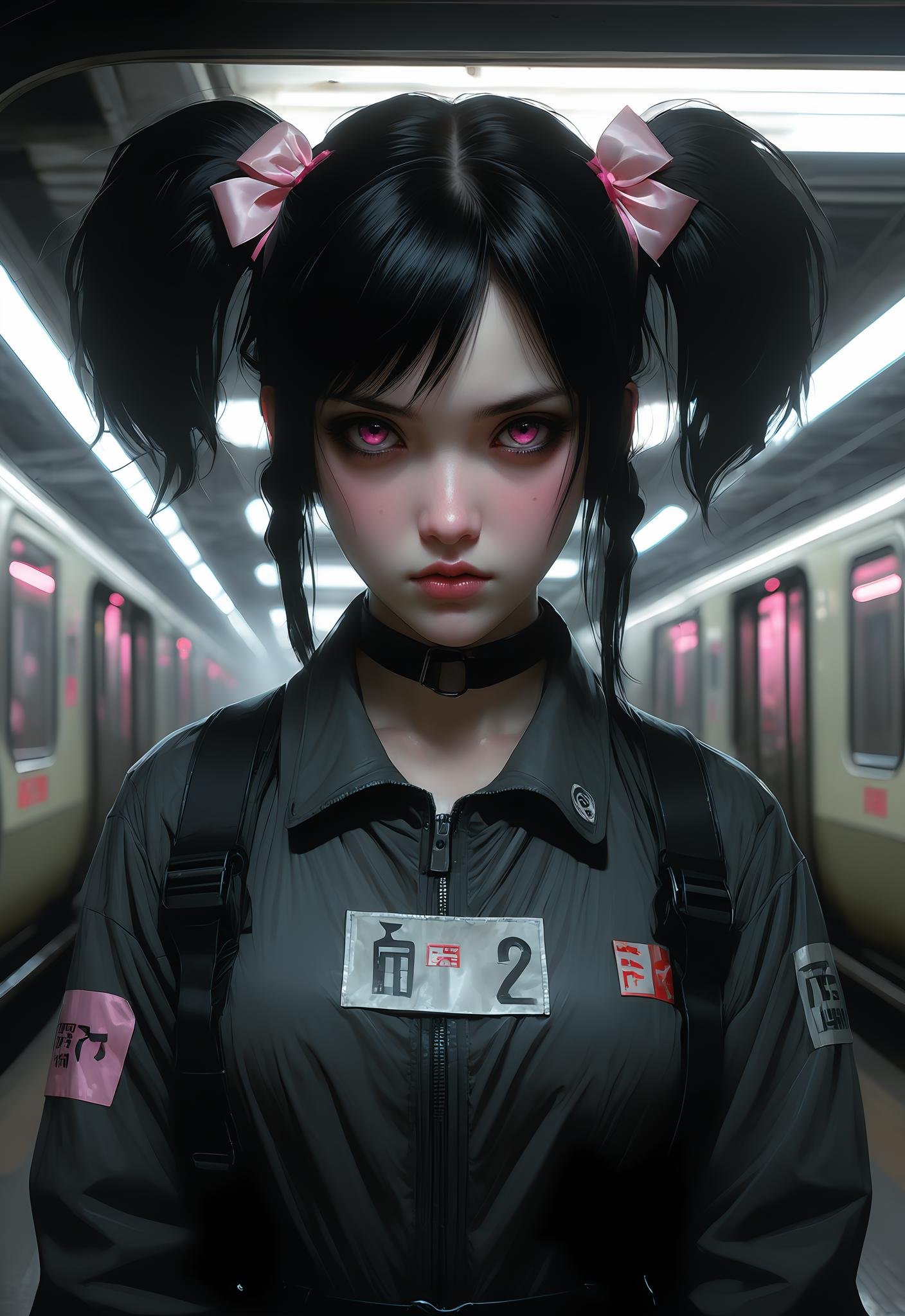 Darkness, horror, creepy, Impressionist Anime painting, metro 2033, disease, mine - type, mass - produced type, cross, slanted eyes, thick coating, twintails, ribbon, black hair, pink eyes, on metro station interior, horror movie atmosphere, dramatic light atmosphere, by Malcolm Liepke, Casey Baugh, jujin ito, and Nick Alm
