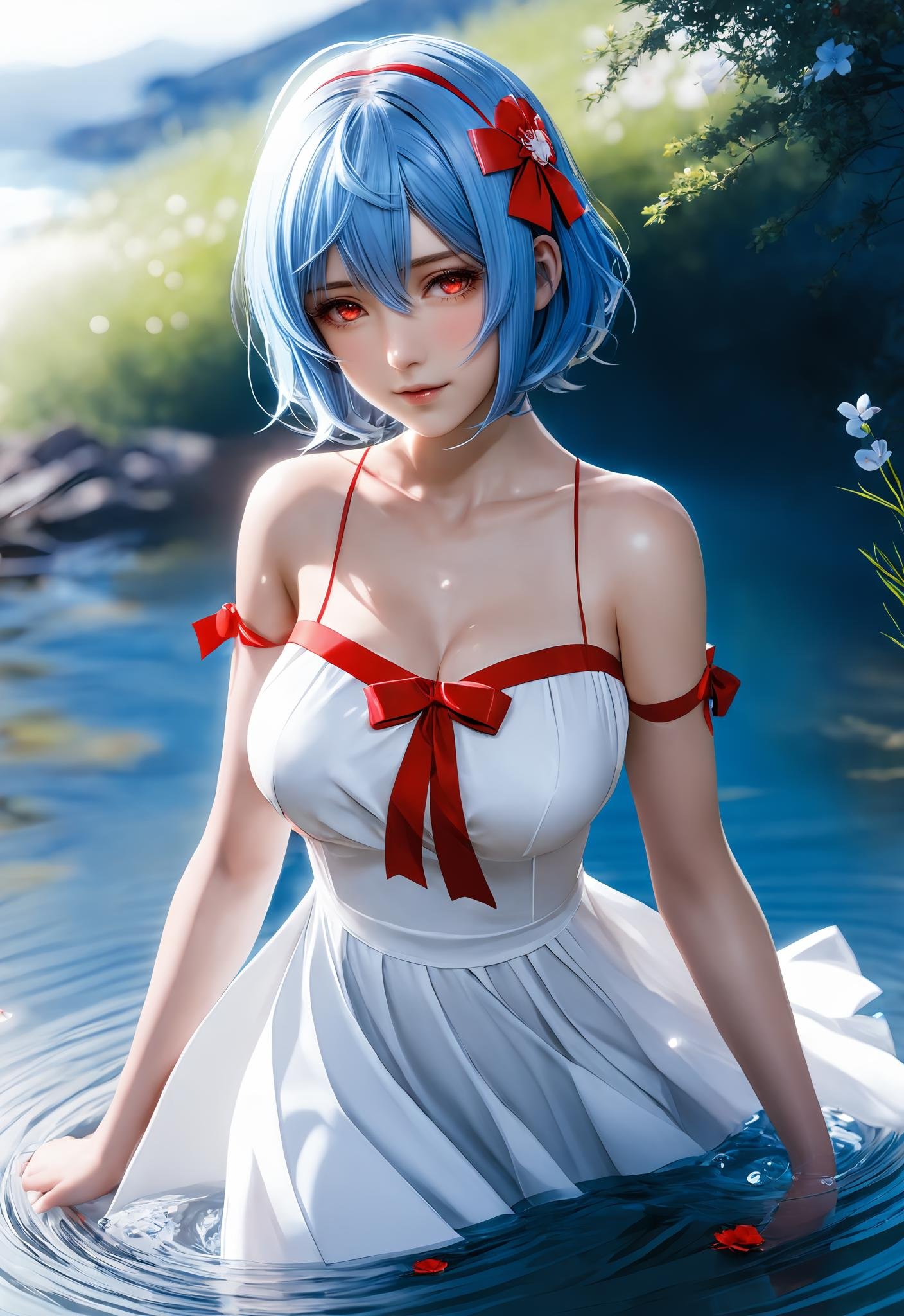 1girl, solo, breasts, looking at viewer, short hair, bangs, hair ornament, red eyes, dress, ribbon, hair between eyes, bare shoulders, blue hair, flower, outdoors, sleeveless, water, white dress, red ribbon, sleeveless dress, nature, wading, ayanami rei