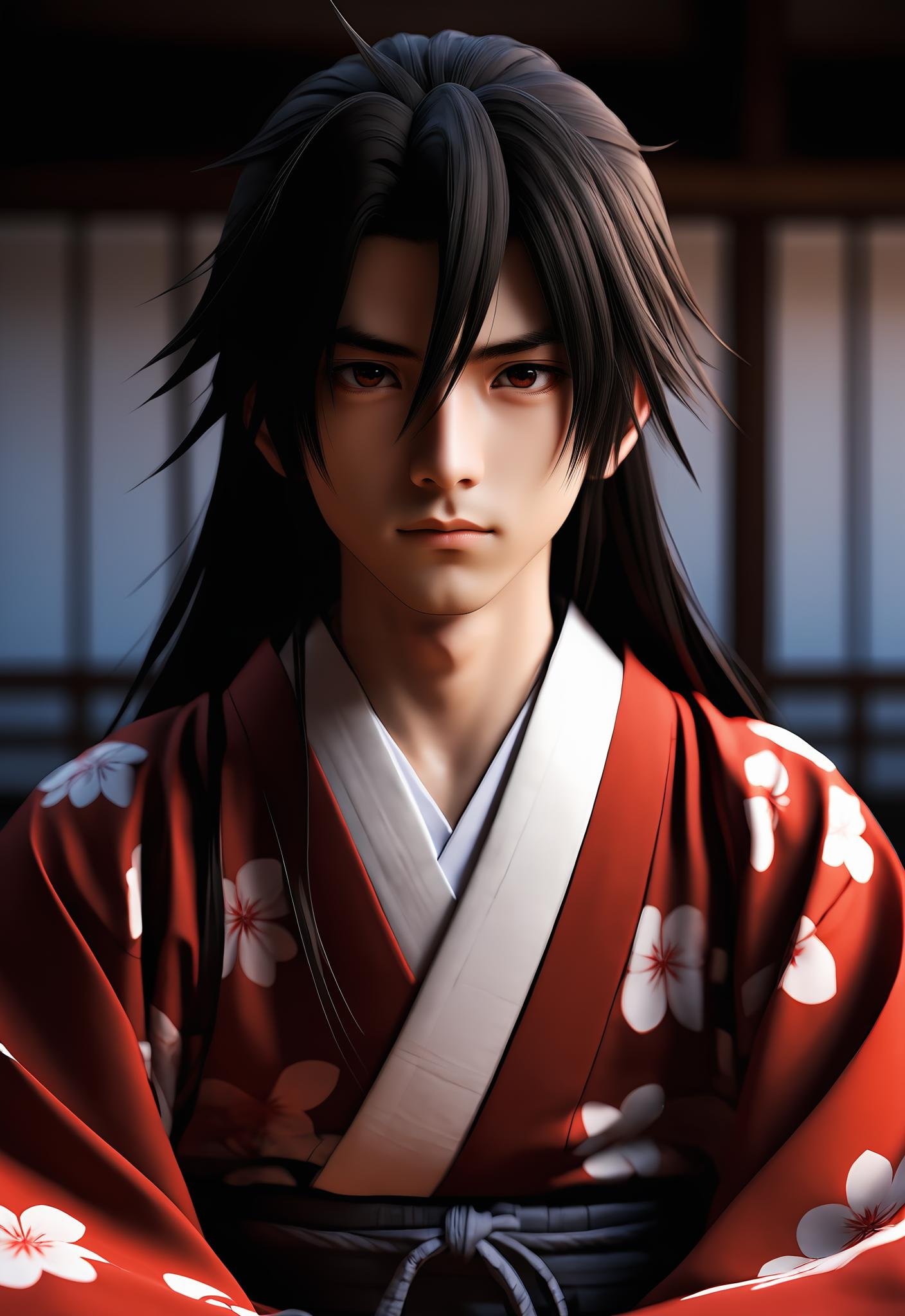 i want the whole image to be created in 3D anime style, solo, long hair, looking at viewer, black hair, 1boy, hair between eyes, brown eyes, sitting, male focus, japanese clothes, kimono, blurry, depth of field, blurry background, messy hair, realistic, red kimono