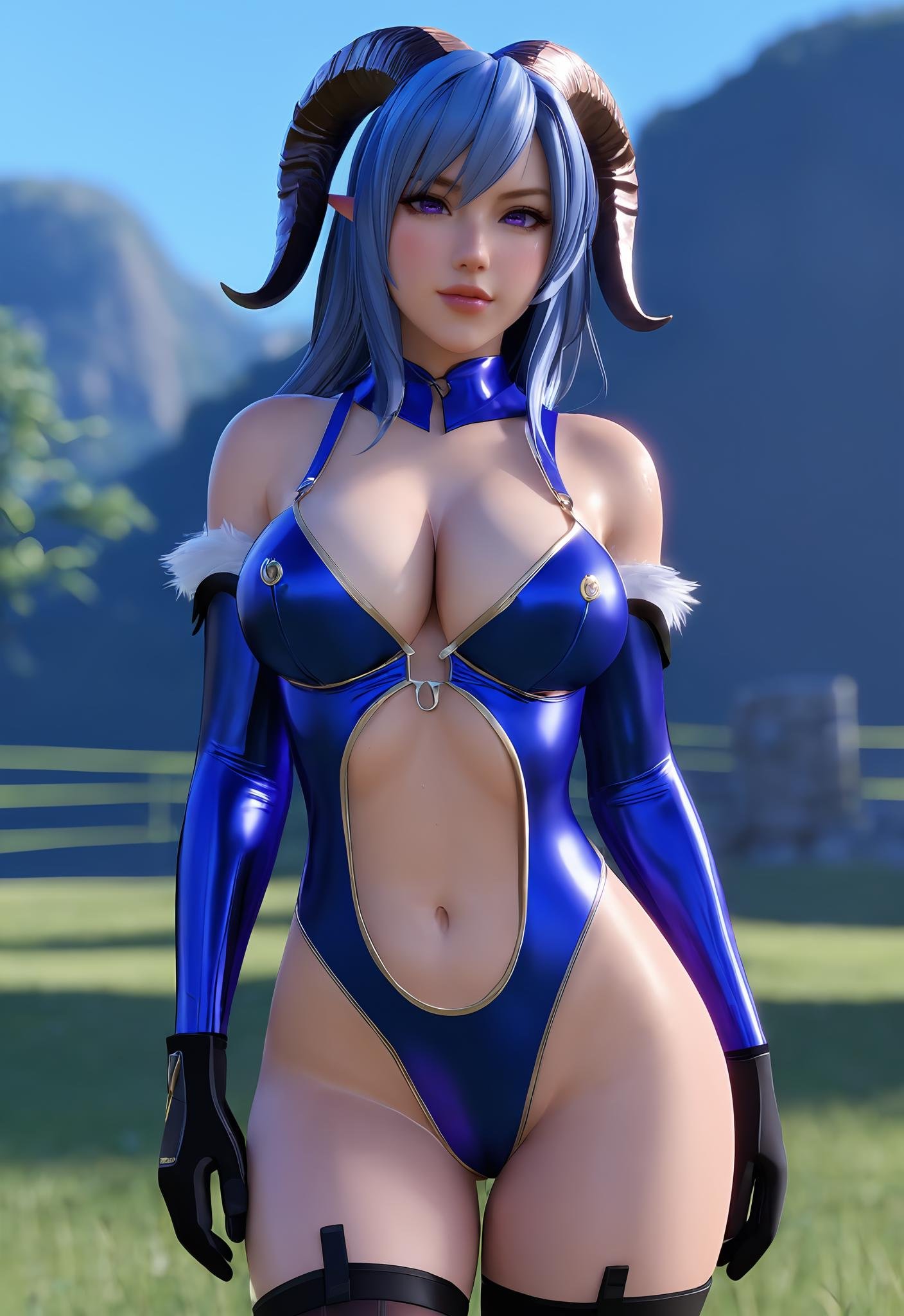 i want the whole image to be created in 3D anime style, 1girl, solo, long hair, breasts, looking at viewer, blush, bangs, gloves, bare shoulders, medium breasts, blue hair, purple eyes, ahoge, pantyhose, sidelocks, thighs, cowboy shot, outdoors, parted lips, horns, alternate costume, day, elbow gloves, leotard, wet, bodysuit, covered navel, bottle, letterboxed, red gloves, goat horns, ganyu (genshin impact)