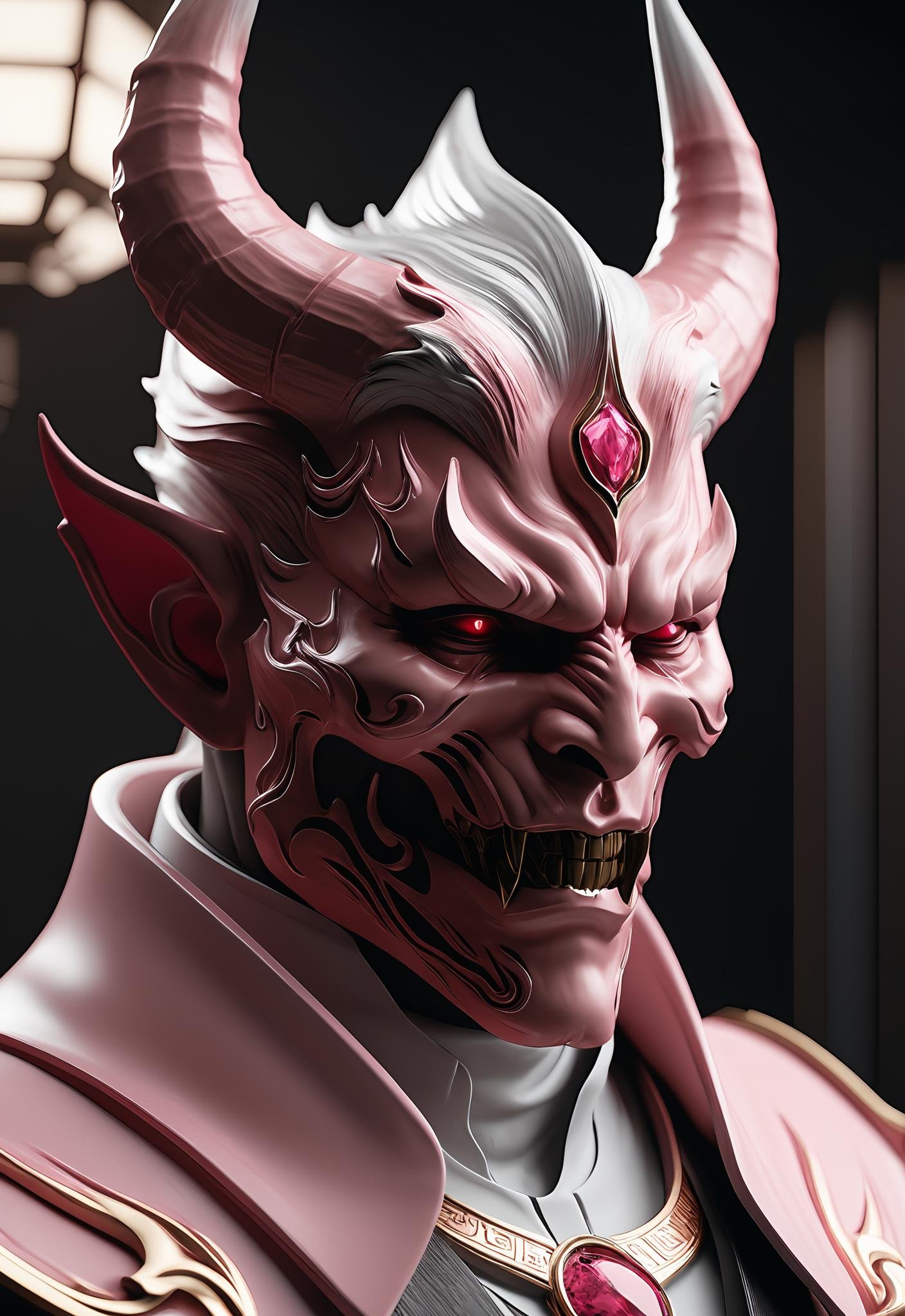 Shinjuku yenaiartist, devil character of evil spirits | delen demon, in the style of unreal engine 5, hyper - realistic sci - fi, close up, dark white and light pink, eroded interiors, cranberrycore, elegant, emotive faces