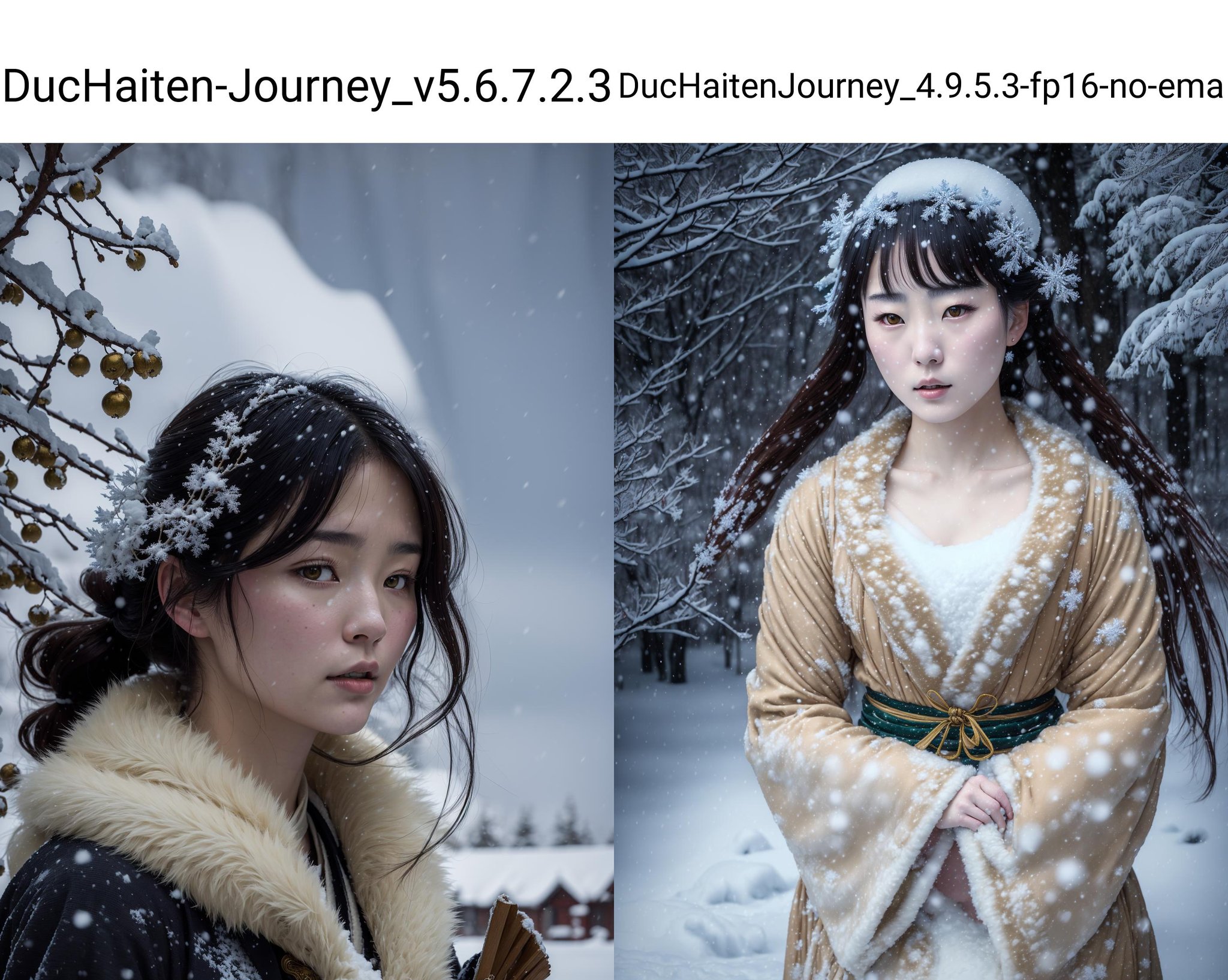 (8k, best quality, masterpiece, ultra highres:1.2) Photo of Pretty Japanese woman in the (style of paul rubens and rebecca guay:1.1) (melancholy winter snow:1.4)