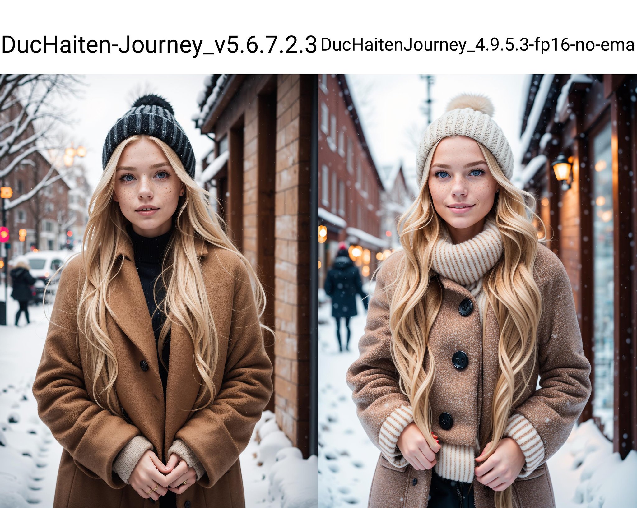 professional portrait photograph of a gorgeous Norwegian girl in winter clothing with long wavy blonde hair, sultry flirty look, freckles, gorgeous symmetrical face, cute natural makeup, wearing elegant warm winter fashion clothing, standing outside in snowy city street