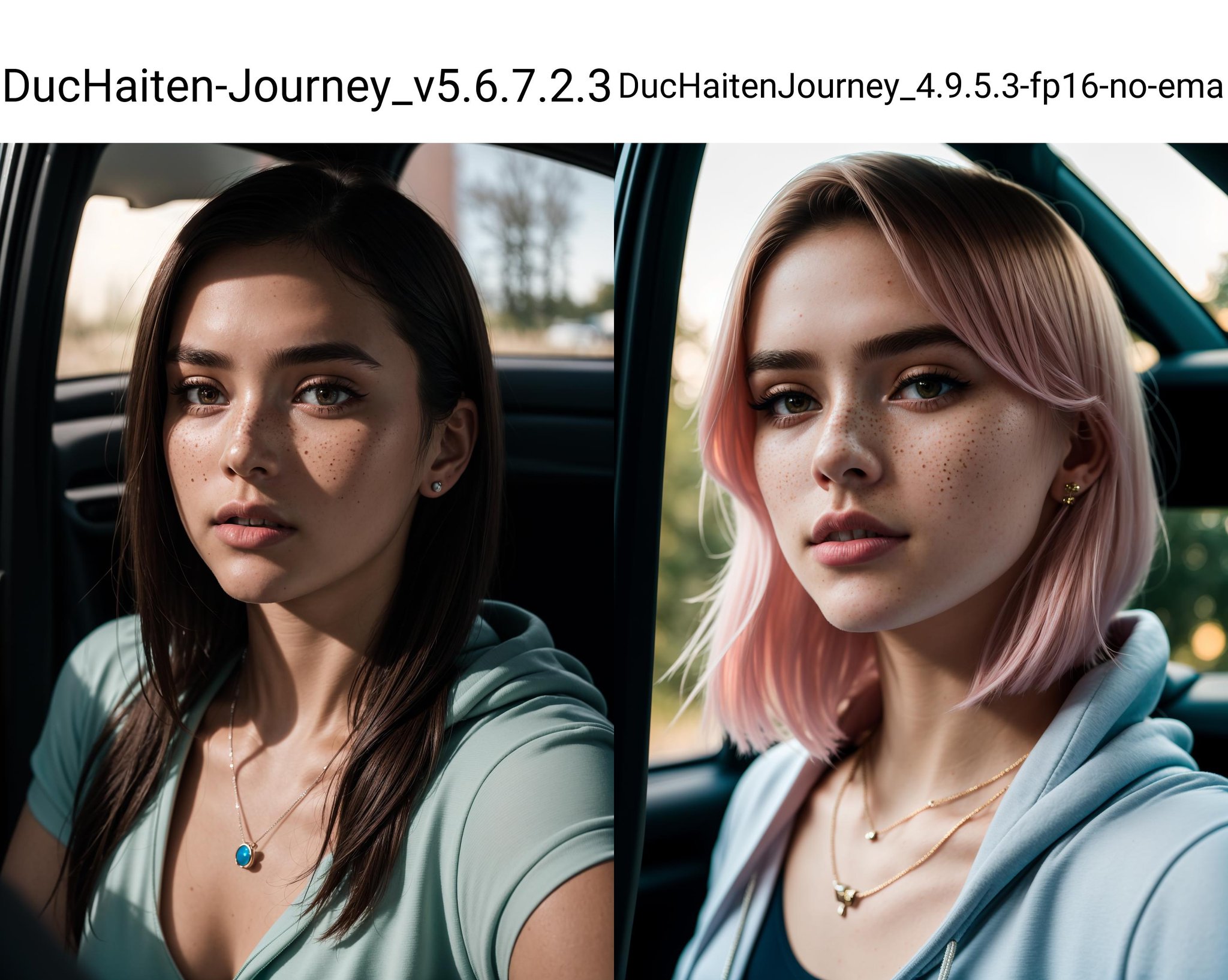 RAW photo, a 22-year-old-girl, upper body, selfie in a car, blue hoodie, (raecmbr-2650:0.9), (r4ec4mbr4:0.95), (1girl), (realistic), (photo-realistic:1.5), inside a car, driving, lipstick, freckles, (short hair), multicolor hair, necklace, (RAW photo, 8k uhd, film grain), Sharp Eyeliner, Blush Eyeshadow With Thick Eyelashes, extremely delicate and beautiful, 8k, soft lighting, high quality, highres, sharp focus, extremely detailed, during the day, (sunlight on face), beautiful detailed eyes, extremely detailed eyes and face, masterpiece, cinematic lighting, (high detailed skin:1.2), 8k uhd, dslr, soft lighting, high quality, film grain, Fujifilm XT3