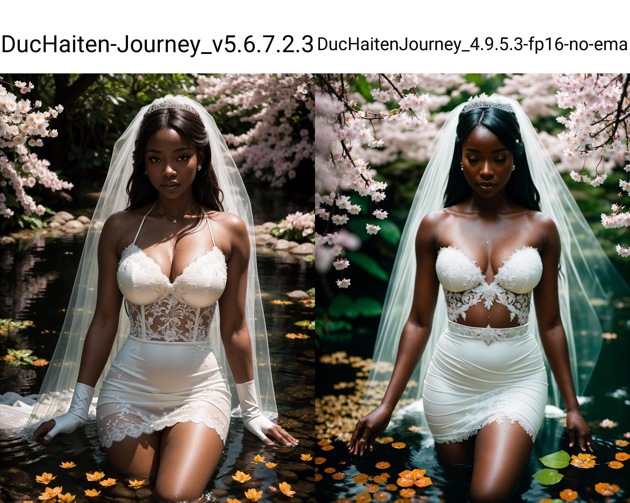 masterpiece, highest quality, solo focus, (skimpy:1.04), (short:1.15) and (curvy) woman with (dark skin:1.11) and (large breasts:1.1), full body, (cameltoe:1.1), high angle and (white wedding veil), ((see-through:0.6) white wedding dress), bridal gloves, (perfect face:1.1) intricate (high detail:1.1) body, covered navel, covered nipples, eyes up, lips, submerged in water, flower bed with lanterns in the background, lush forest, (leaves on water:1.0), falling sakura blossoms, butterflies, fireflies, by lee jeffries nikon d850 film stock photograph 4 kodak portra 400 camera f1.6 lens rich colors hyper realistic lifelike texture dramatic lighting unrealengine trending on artstation cinestill 800