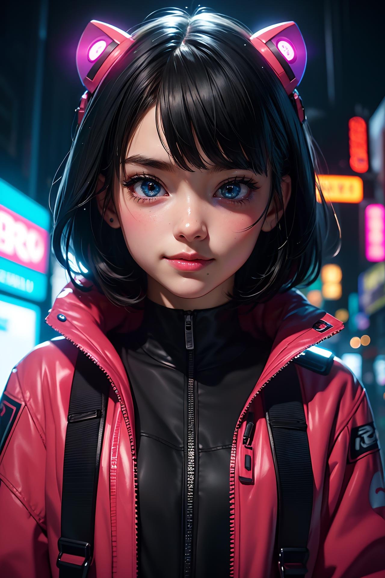 masterpiece, best quality, half body, portrait, night city, 1girl, anime, 3D, Japan, pixar, realistic, teen girl, smiling, cute face, harajuku fashion style, rain coat, beautiful, colourful, neon lights, cyberpunk, smooth skin, illustration, by stanley artgerm lau, sideways glance, foreshortening, extremely detailed 8K, smooth, high resolution, ultra quality, highly detail eyes, highly detail mouth, highly detailed face, perfect eyes, both eyes are the same, glare, Iridescent, Global illumination, hd, 8k realistic light and shadow, bright Eyes, fluorescent eyes