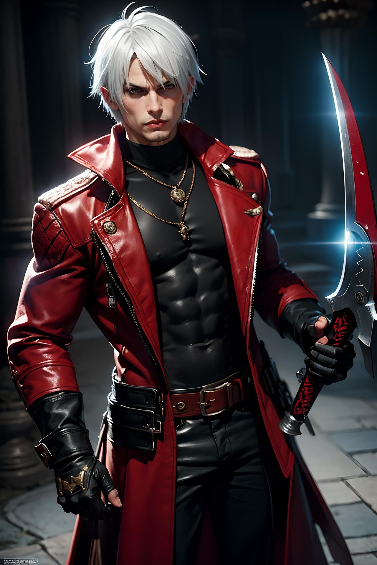 i want the whole image to be created in 3D anime style, solo, looking at viewer, gloves, 1boy, navel, jewelry, weapon, white hair, grey hair, male focus, open clothes, black gloves, belt, fingerless gloves, necklace, coat, muscular, abs, pectorals, open coat, manly, red coat, dante (devil may cry)