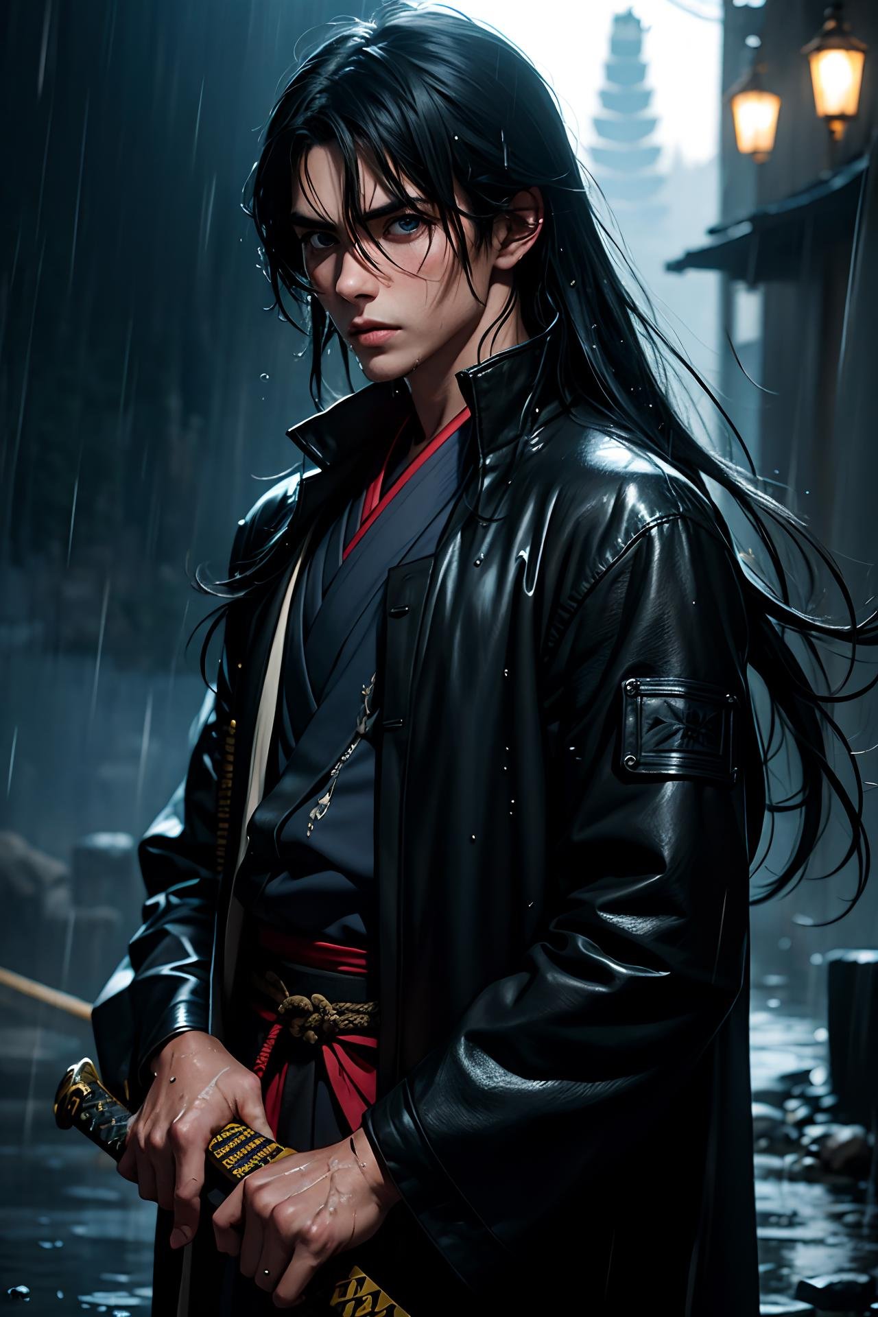 solo, long hair, looking at viewer, bangs, blue eyes, black hair, long sleeves, 1boy, hair between eyes, closed mouth, jacket, upper body, weapon, male focus, japanese clothes, sword, signature, water, lips, black jacket, wet, katana, messy hair, rain, realistic, wet hair, haori, demon slayer uniform, tomioka giyuu