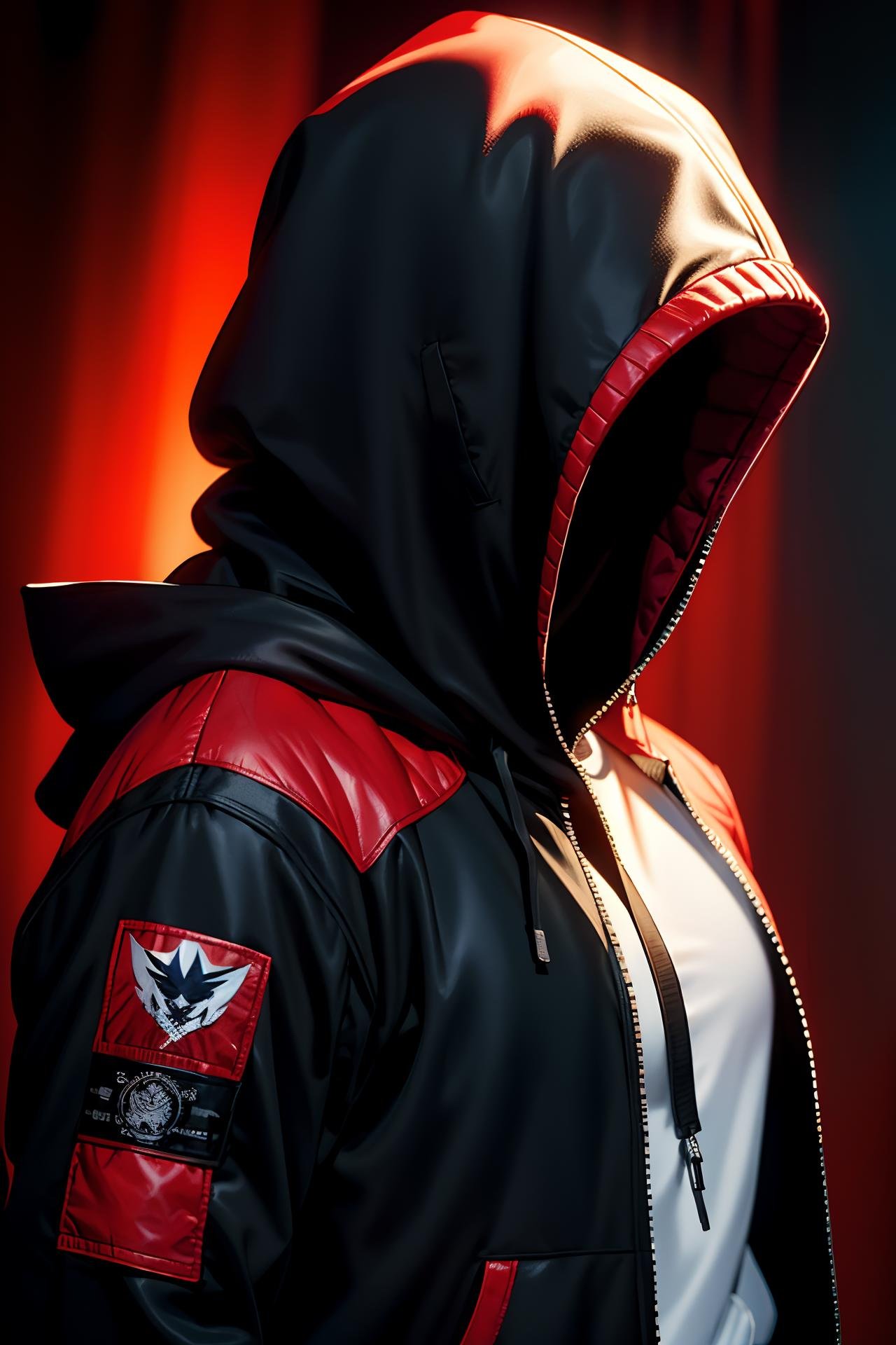 i want the whole image to be created in 3D anime style,  solo, looking at viewer, 1boy, jacket, upper body, male focus, hood, open jacket, hoodie, mask, hooded jacket, red jacket, hood up, white eyes