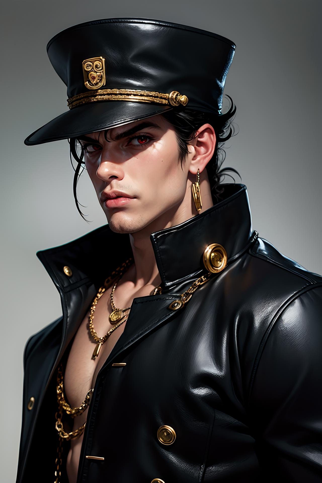 solo, looking at viewer, black hair, red eyes, 1boy, hat, jewelry, male focus, earrings, necklace, chain, portrait, serious, realistic, gakuran, manly, kujo jotaro