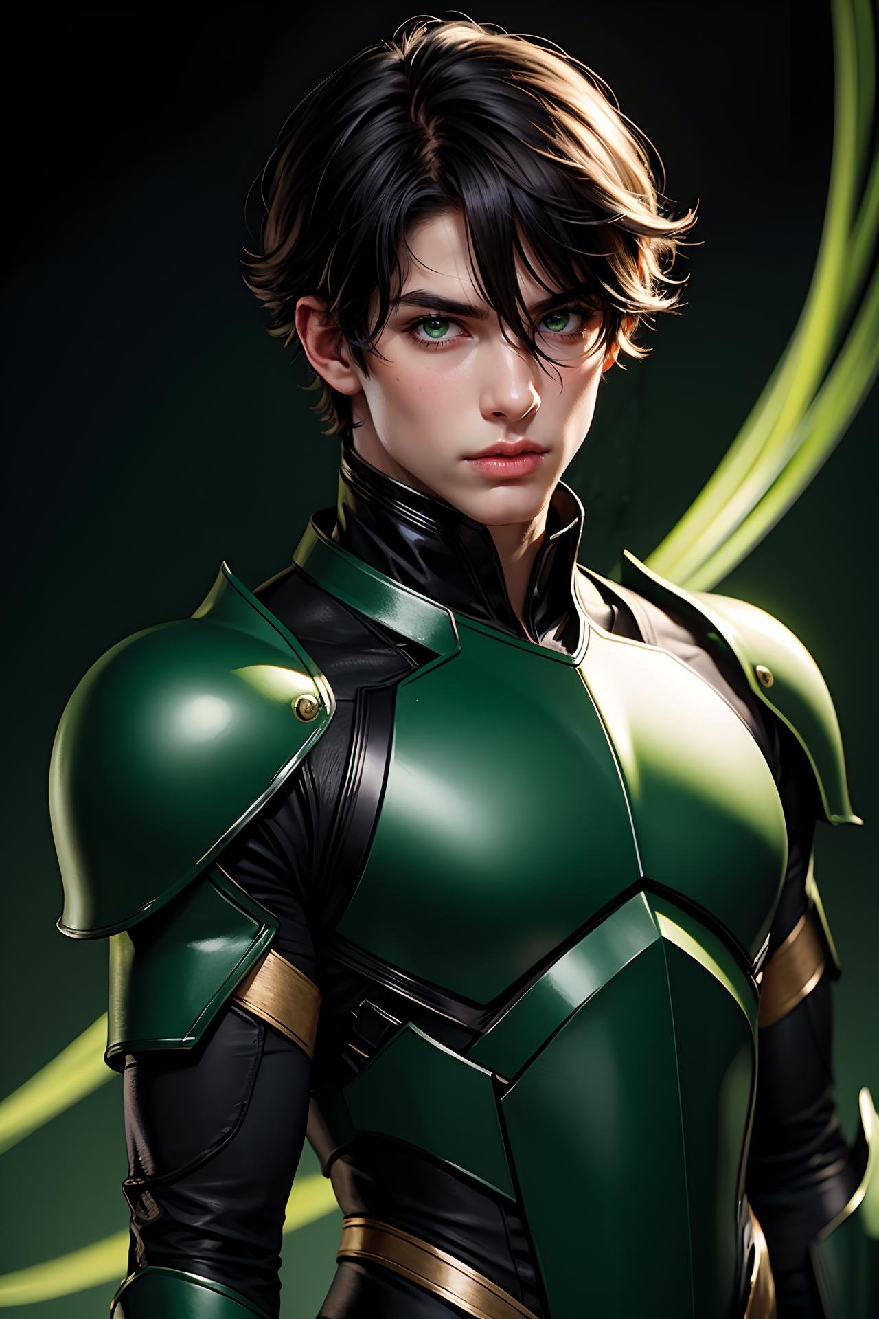 solo, looking at viewer, short hair, black hair, 1boy, hair between eyes, closed mouth, green eyes, upper body, male focus, armor, lips, bodysuit, black background, realistic, straight-on