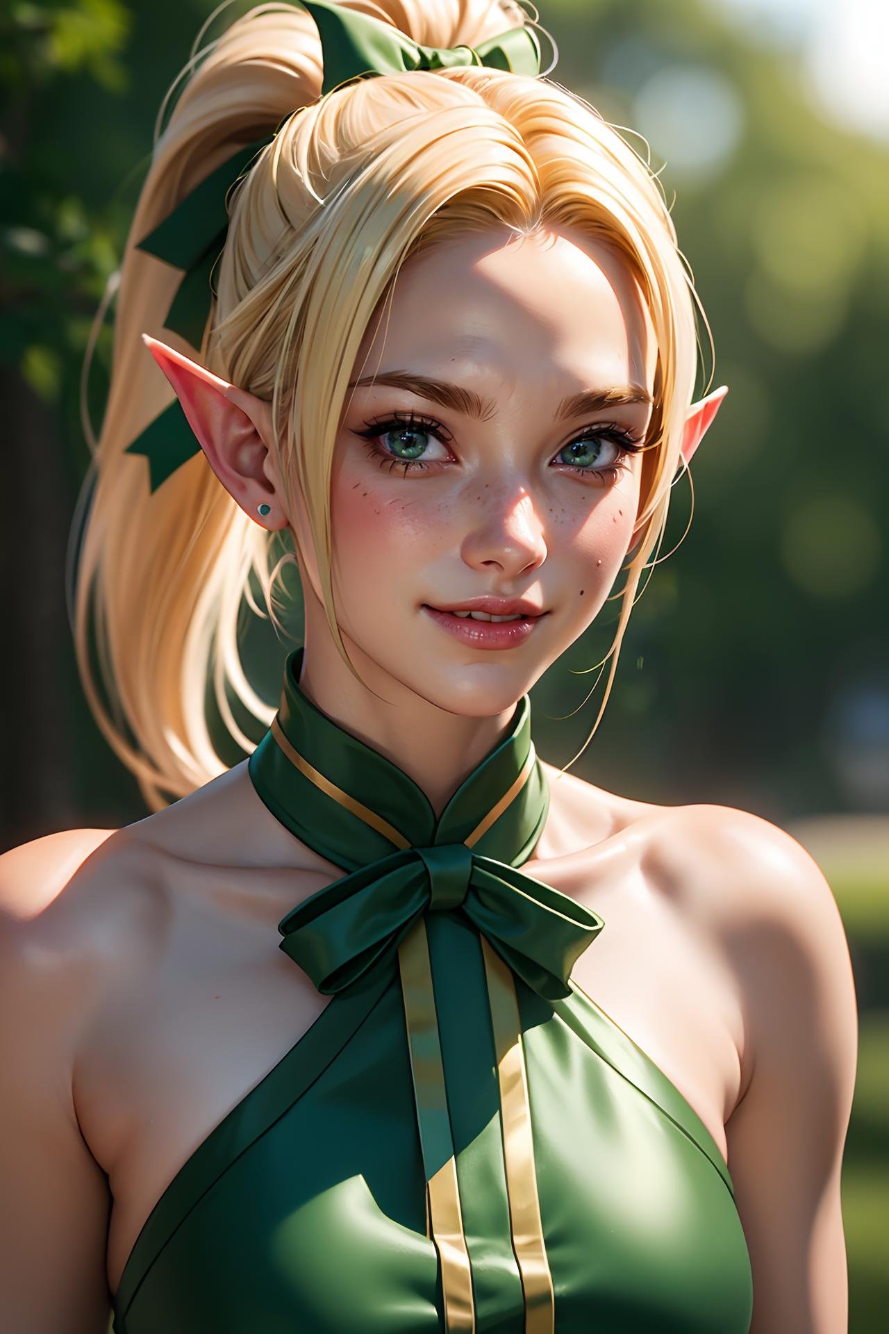 Bringing food to the camera, Venus, elf, blonde hair, ponytail, green ribbon, looking at thd camera, blush, smile, backlit, ultra - detailed face, dynamic angles, high - sensitivity illustrations, masterpiece, UHD, best quality, octane render, cinematic, hyper detailed, ultra photorealistic, hyper - realistic