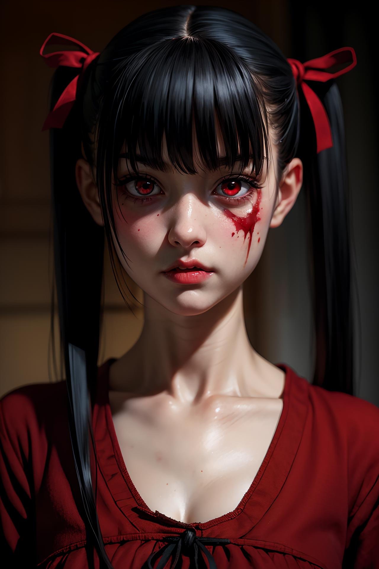 realistic, Darkness, disease, mine - type, mass - produced type, cross, ribbon, slanted eyes, twintails, thick coating, black hair, red eyes, blood, old doll (face cracked like porcelain), art by junji ito