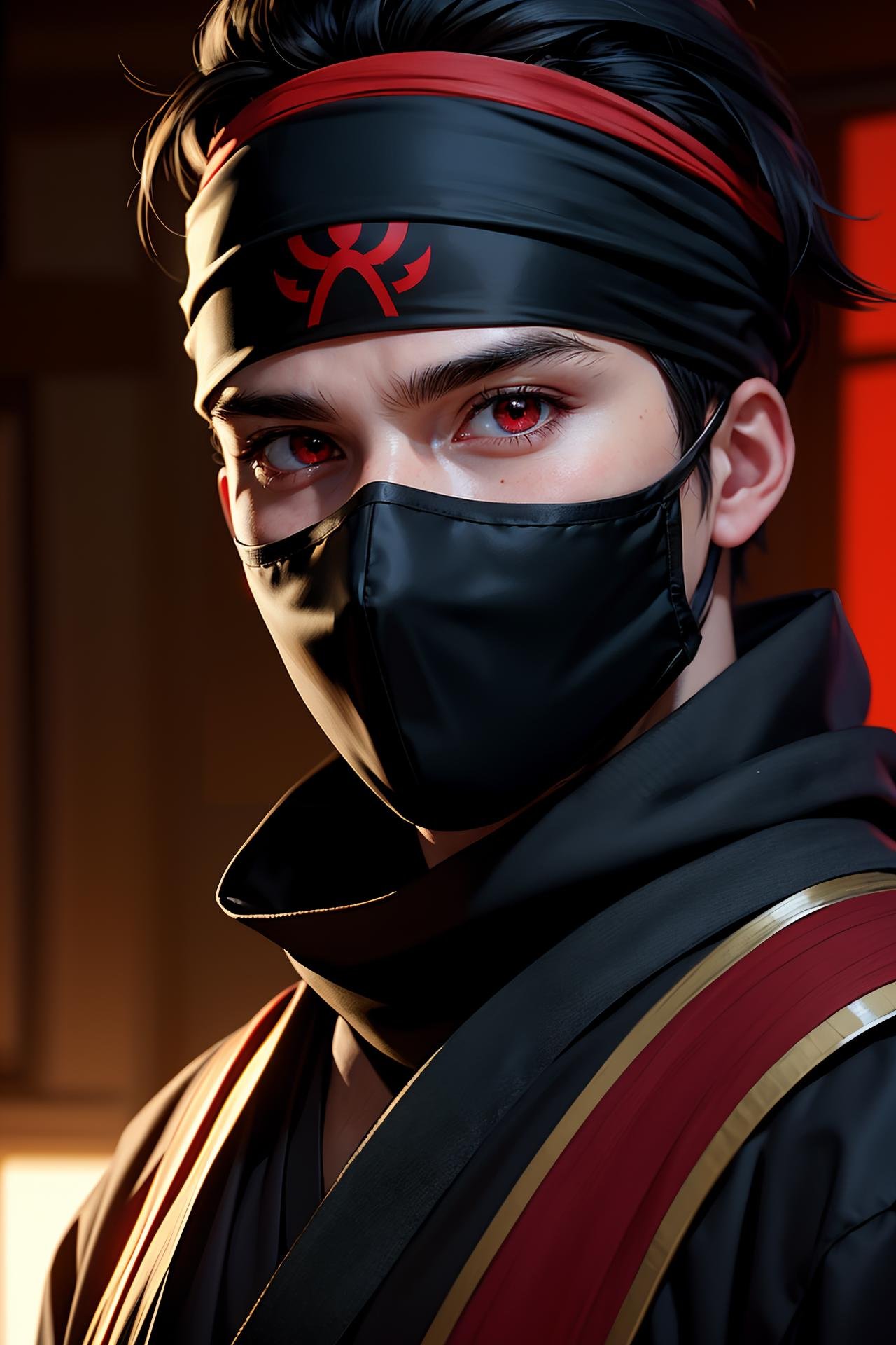 i want the whole image to be created in 3D anime style, solo, looking at viewer, black hair, red eyes, 1boy, male focus, lips, headband, portrait, realistic, nose, ninja, forehead protector, konohagakure symbol