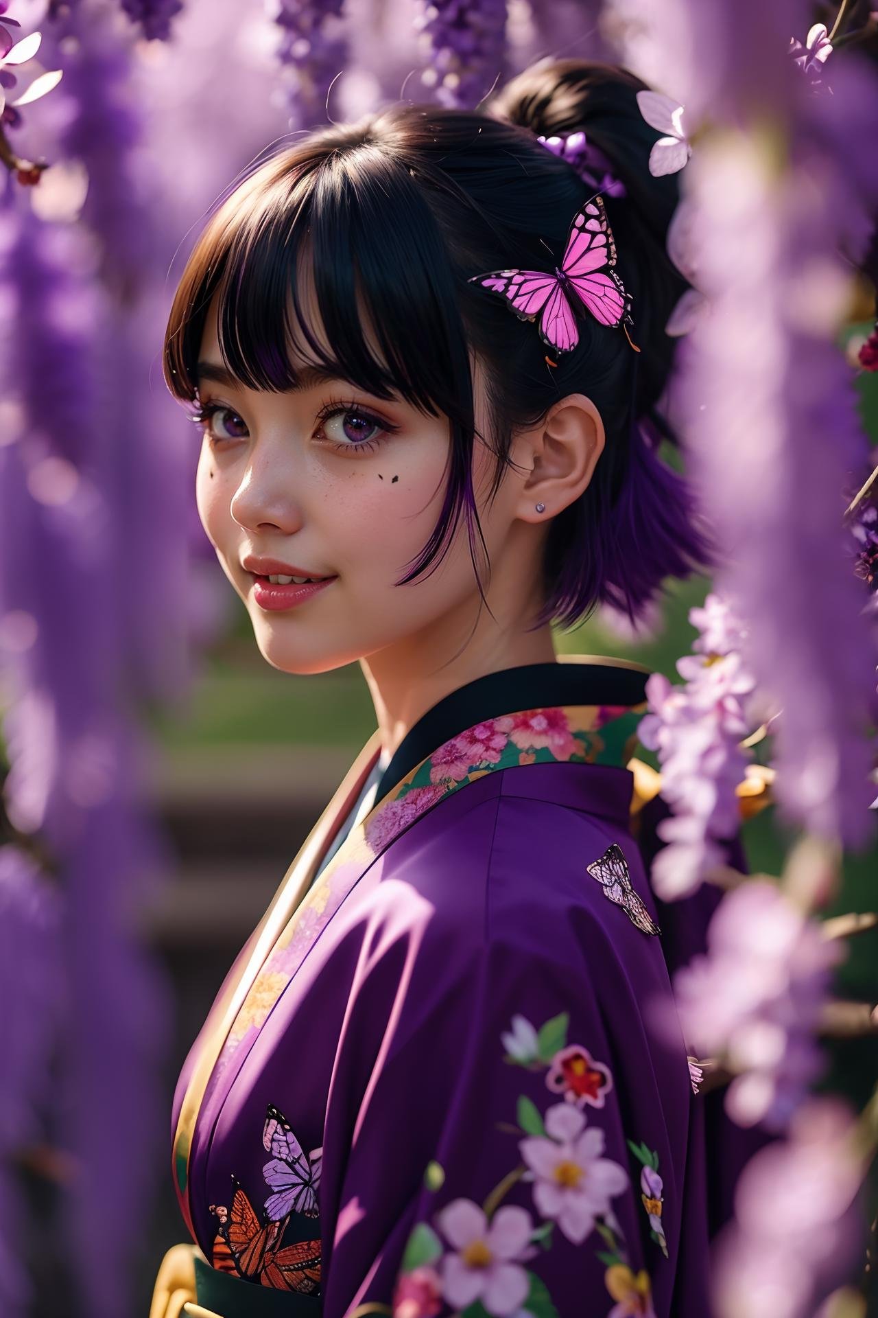 i want the whole image to be created in 3D anime style, 1girl, solo, looking at viewer, smile, short hair, bangs, black hair, hair ornament, closed mouth, purple eyes, upper body, purple hair, flower, multicolored hair, japanese clothes, kimono, blurry, from side, lips, parted bangs, eyelashes, depth of field, blurry background, bug, animal print, butterfly, butterfly hair ornament, haori, demon slayer uniform, butterfly print, wisteria, kochou shinobu