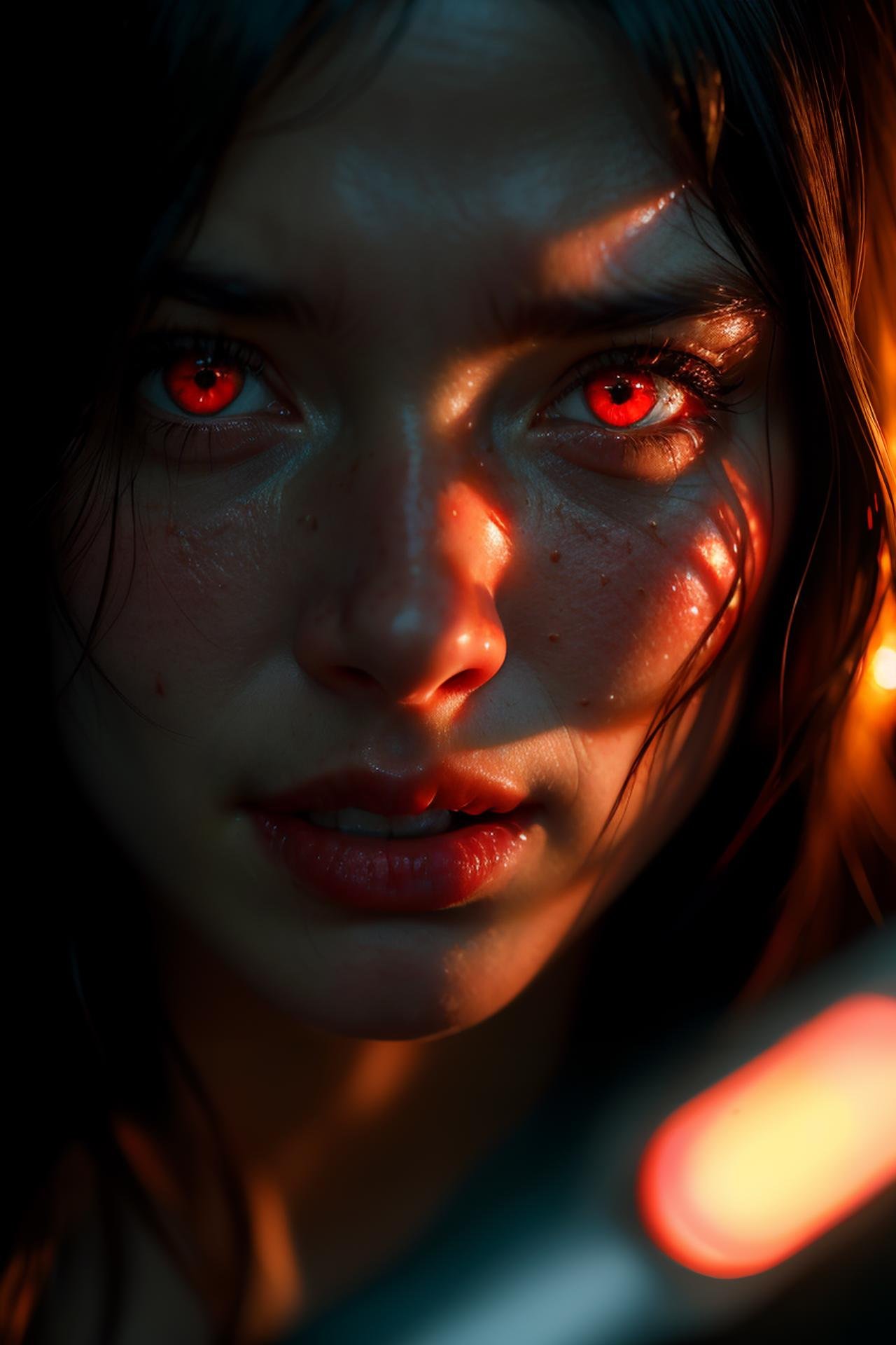 Movie, ((Face close up)), best quality, clear graphics, torch light, (The detail is clear to every hair on the face), 1girl, demonic, evil, nsfw, sexy woman, eye depth, (brother moons), (dead space) ,science fiction, (beautiful glowing red eyes), photo realistic, 20 megapixel, nikon d850, ((vibrant, photo realistic, realistic, dramatic, sharp focus, 8k)), (faded freckles:0.6), subsurface scattering, sharp, retouched, intricate detail, by Greg Rutkowski, by (Jeremy Lipking:0.8), ((junji ito)), by ralph bakshi,((Silent Hill)), H.R. Giger, Beksinski