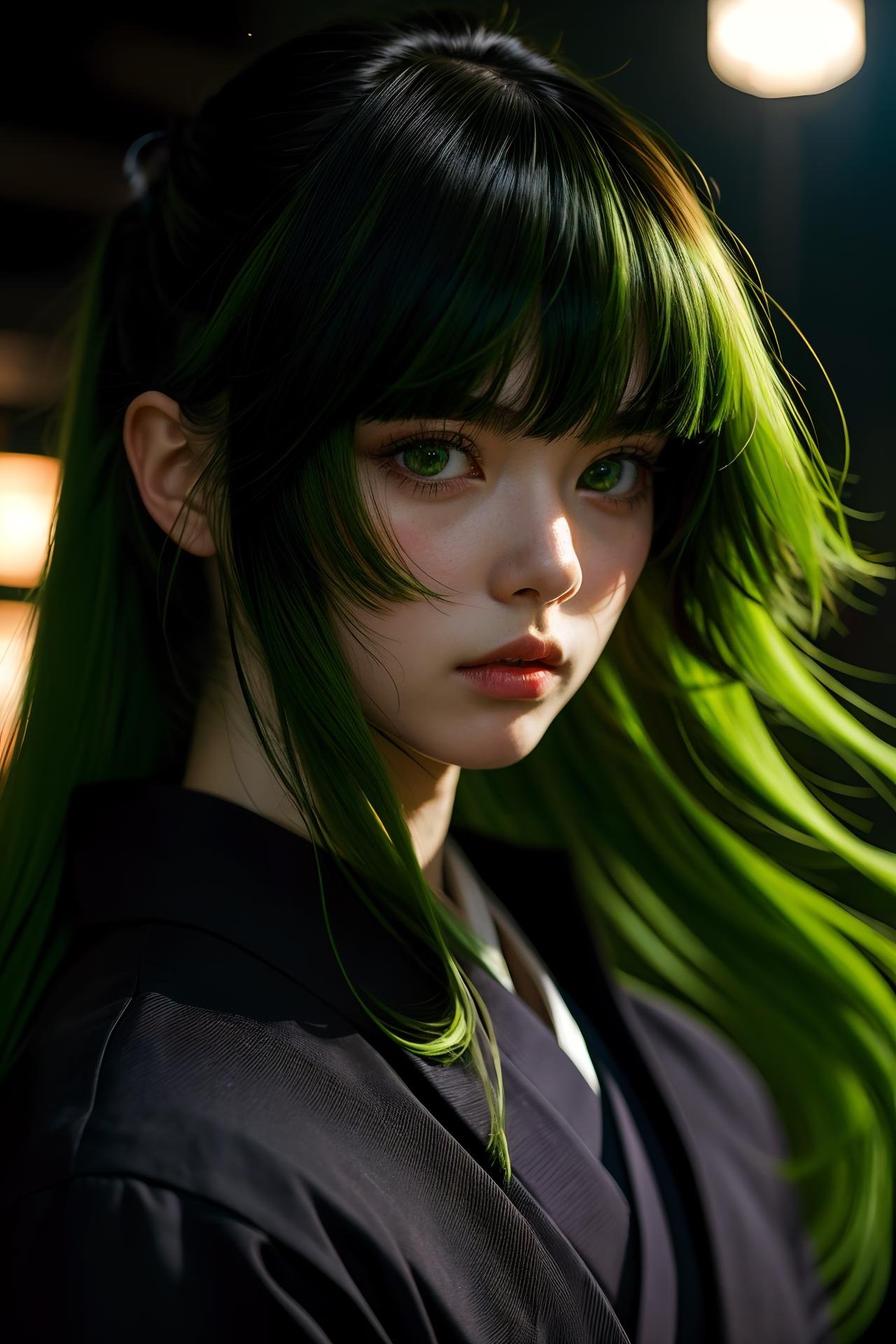 i want the whole image to be created in 3D anime style, solo, long hair, looking at viewer, bangs, black hair, 1boy, hair between eyes, closed mouth, green eyes, male focus, multicolored hair, japanese clothes, lips, eyelashes, portrait, close-up, haori, demon slayer uniform