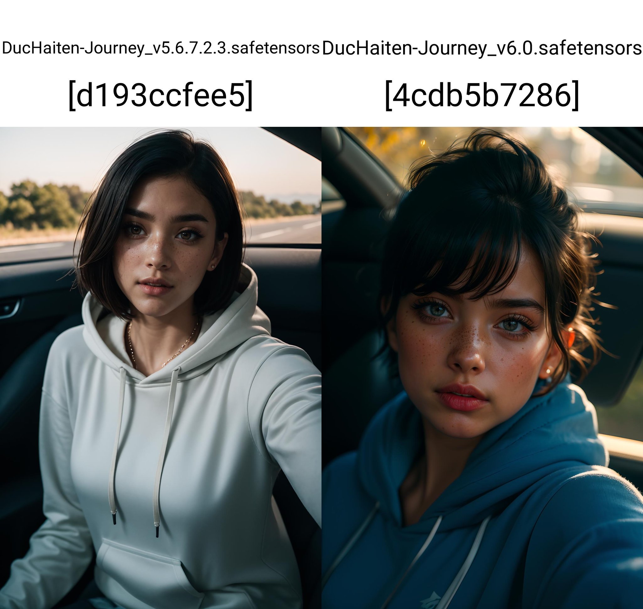 RAW photo, a 22-year-old-girl, upper body, selfie in a car, blue hoodie, (raecmbr-2650:0.9), (r4ec4mbr4:0.95), (1girl), (realistic), (photo-realistic:1.5), inside a car, driving, lipstick, freckles, (short hair), multicolor hair, necklace, (RAW photo, 8k uhd, film grain), Sharp Eyeliner, Blush Eyeshadow With Thick Eyelashes, extremely delicate and beautiful, 8k, soft lighting, high quality, highres, sharp focus, extremely detailed, during the day, (sunlight on face), beautiful detailed eyes, extremely detailed eyes and face, masterpiece, cinematic lighting, (high detailed skin:1.2), 8k uhd, dslr, soft lighting, high quality, film grain, Fujifilm XT3