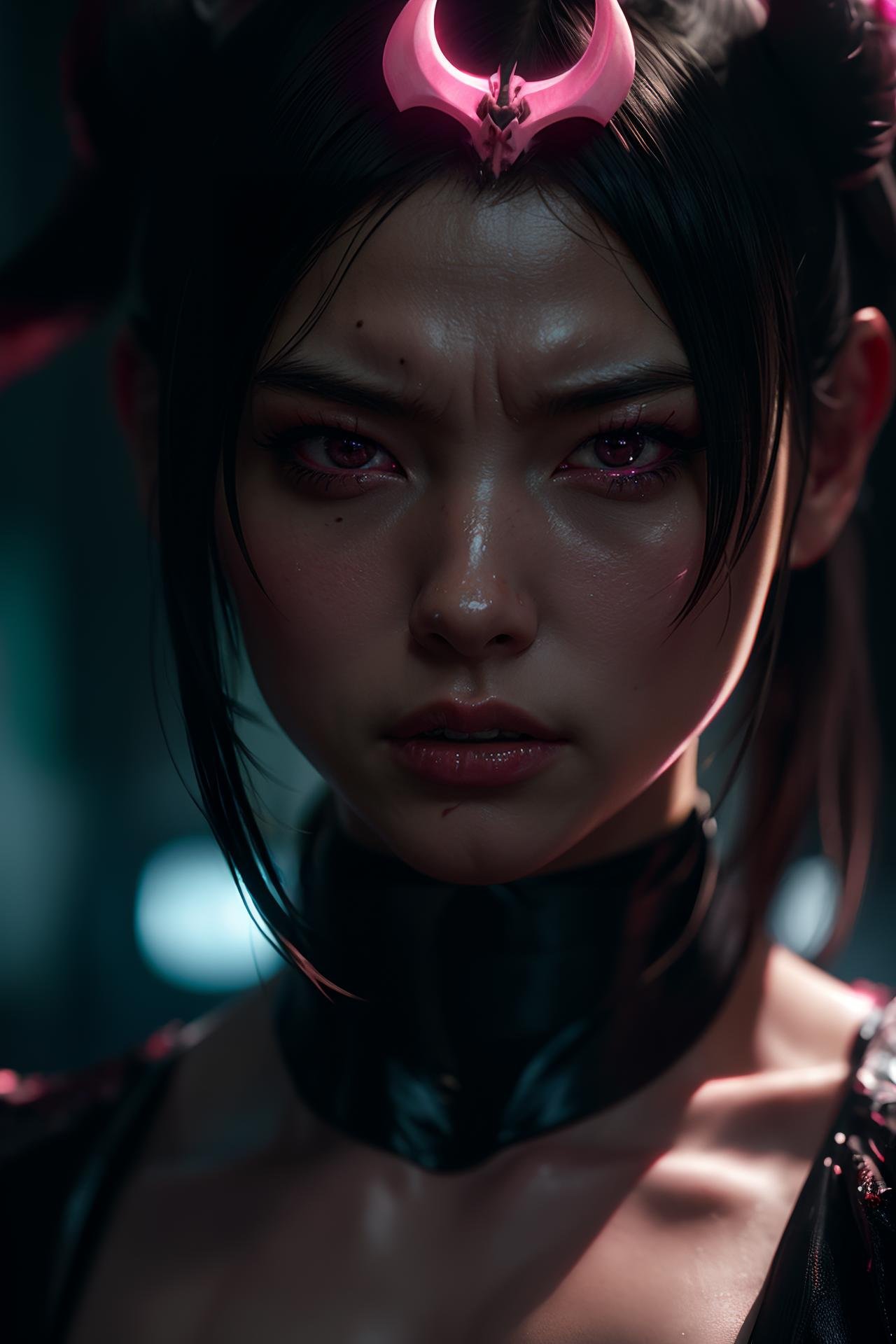 Shinjuku yenaiartist, devil character of evil spirits | delen demon, in the style of unreal engine 5, hyper - realistic sci - fi, close up, dark white and light pink, eroded interiors, cranberrycore, elegant, emotive faces