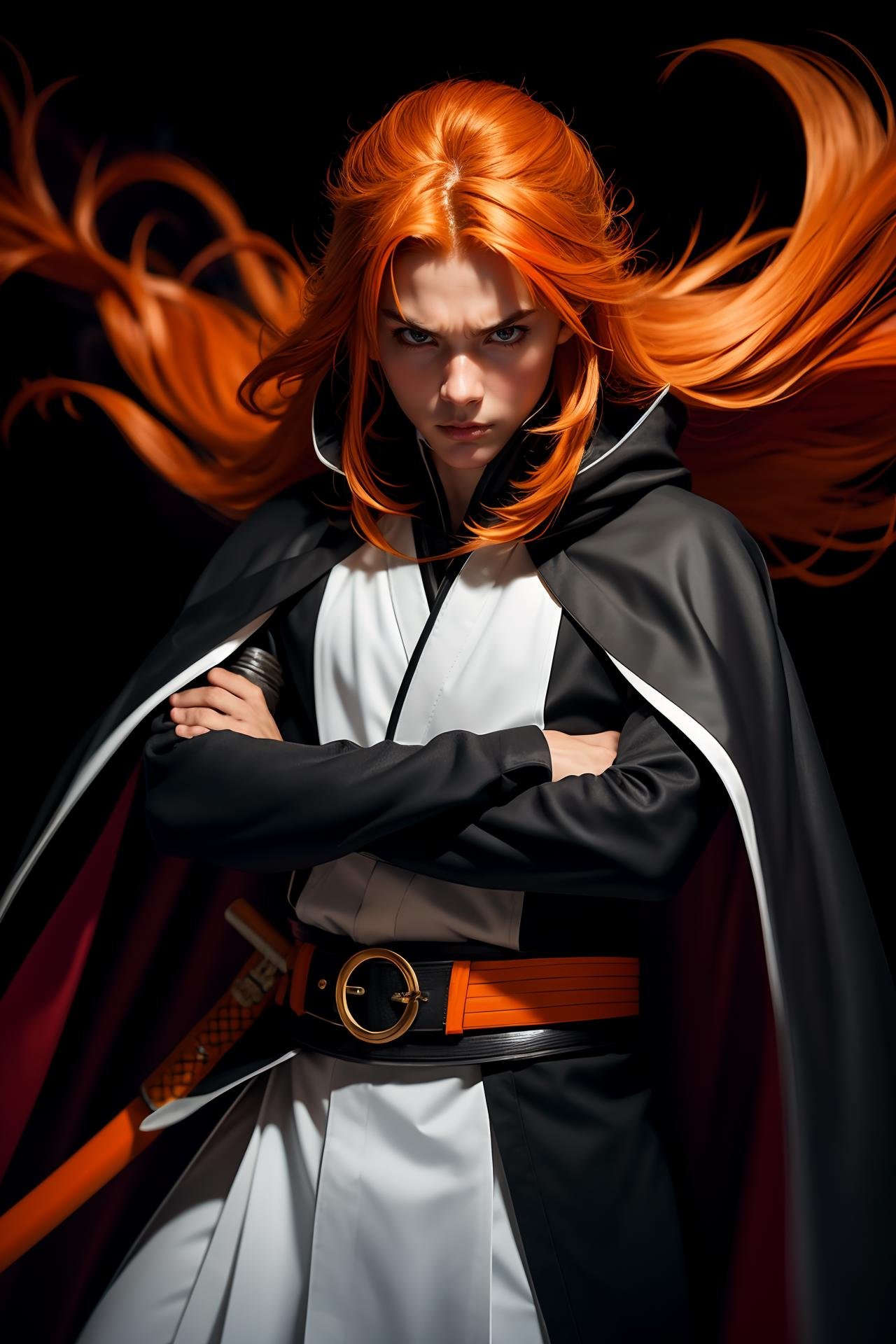 i want the whole image to be created in 3D anime style, solo, long hair, looking at viewer, blonde hair, red eyes, long sleeves, 1boy, closed mouth, jacket, weapon, male focus, red hair, multicolored hair, belt, sword, cape, orange hair, uniform, two-tone hair, black jacket, orange eyes, crossed arms, katana, fire, black background, sheath, buckle, sheathed, belt buckle, white cape, white belt, demon slayer uniform, forked eyebrows, rengoku kyoujurou