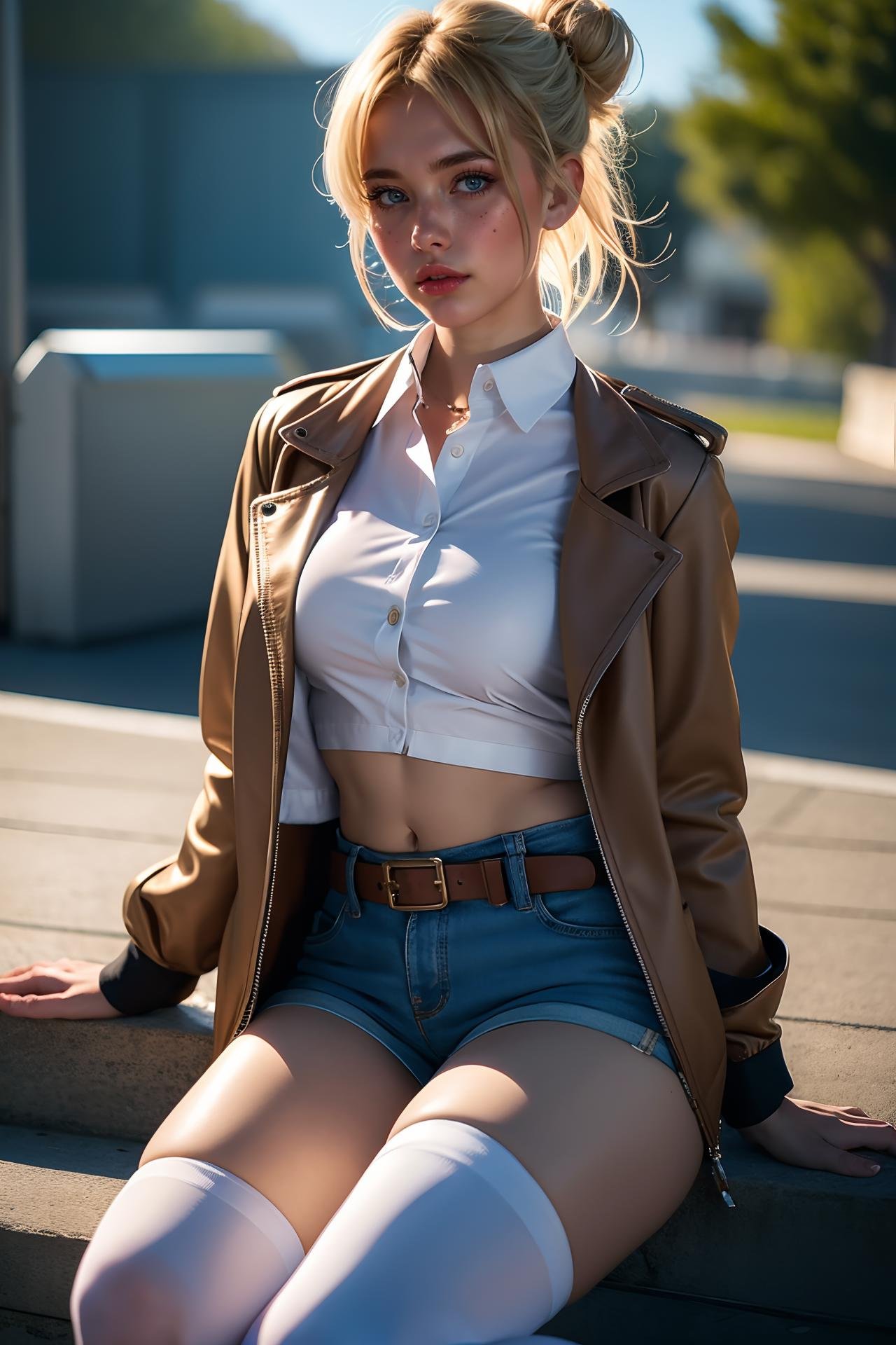 i want the whole image to be created in 3D anime style, 1girl, solo, breasts, looking at viewer, blush, short hair, blue eyes, blonde hair, shirt, thighhighs, long sleeves, navel, medium breasts, sitting, closed mouth, jacket, white shirt, thighs, boots, outdoors, open clothes, sky, shorts, day, midriff, collared shirt, belt, cloud, hair bun, blurry, arm up, open jacket, blue sky, lips, thigh strap, blurry background, suspenders, arm behind head, brown jacket, patreon username, paradis military uniform, annie leonhardt