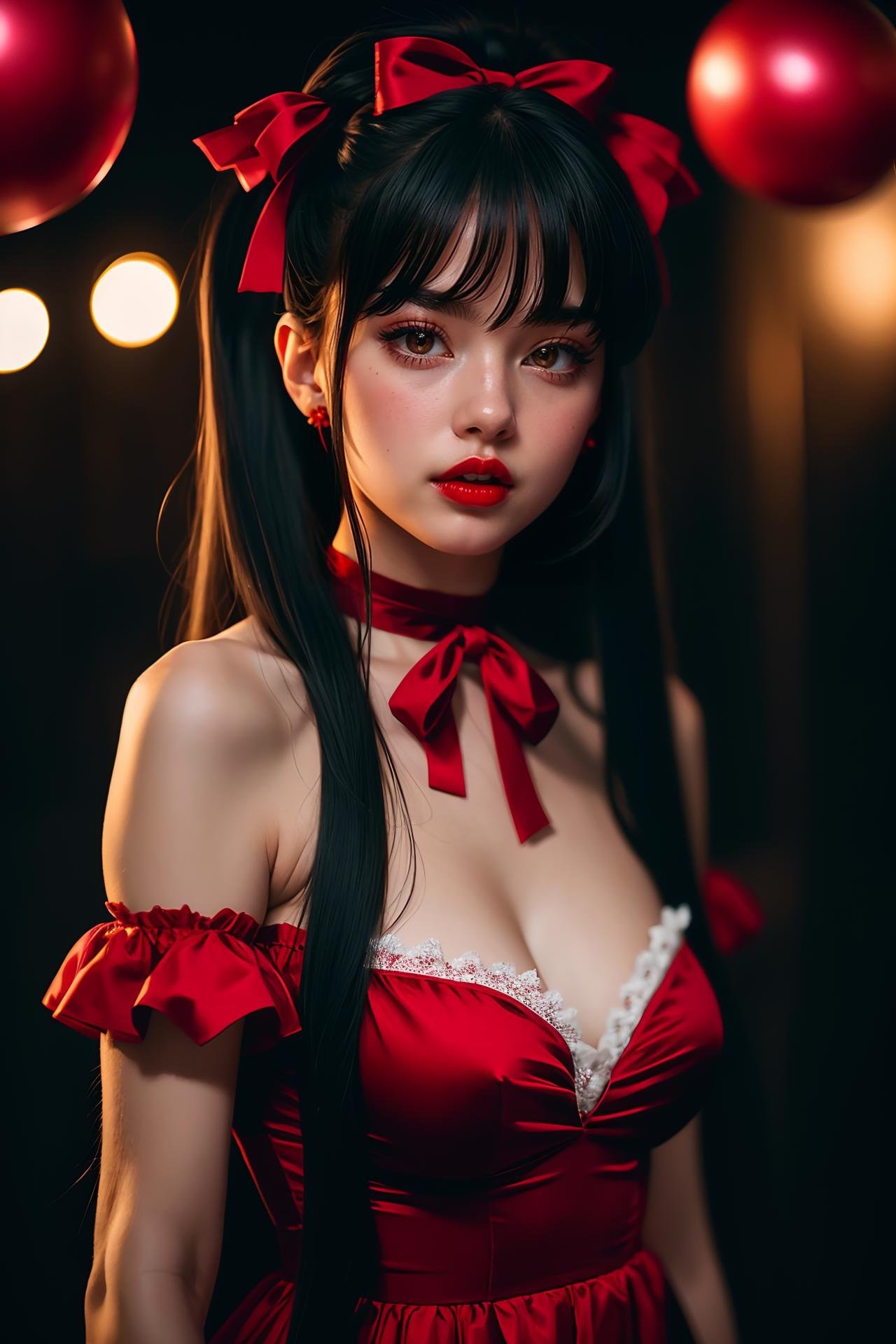 1girl, solo, long hair, breasts, looking at viewer, bangs, black hair, hair ornament, red eyes, dress, ribbon, hair between eyes, bare shoulders, twintails, hair ribbon, upper body, hairband, frills, choker, red ribbon, lips, eyelashes, strapless, bell, red dress, jingle bell, hair bell, red lips