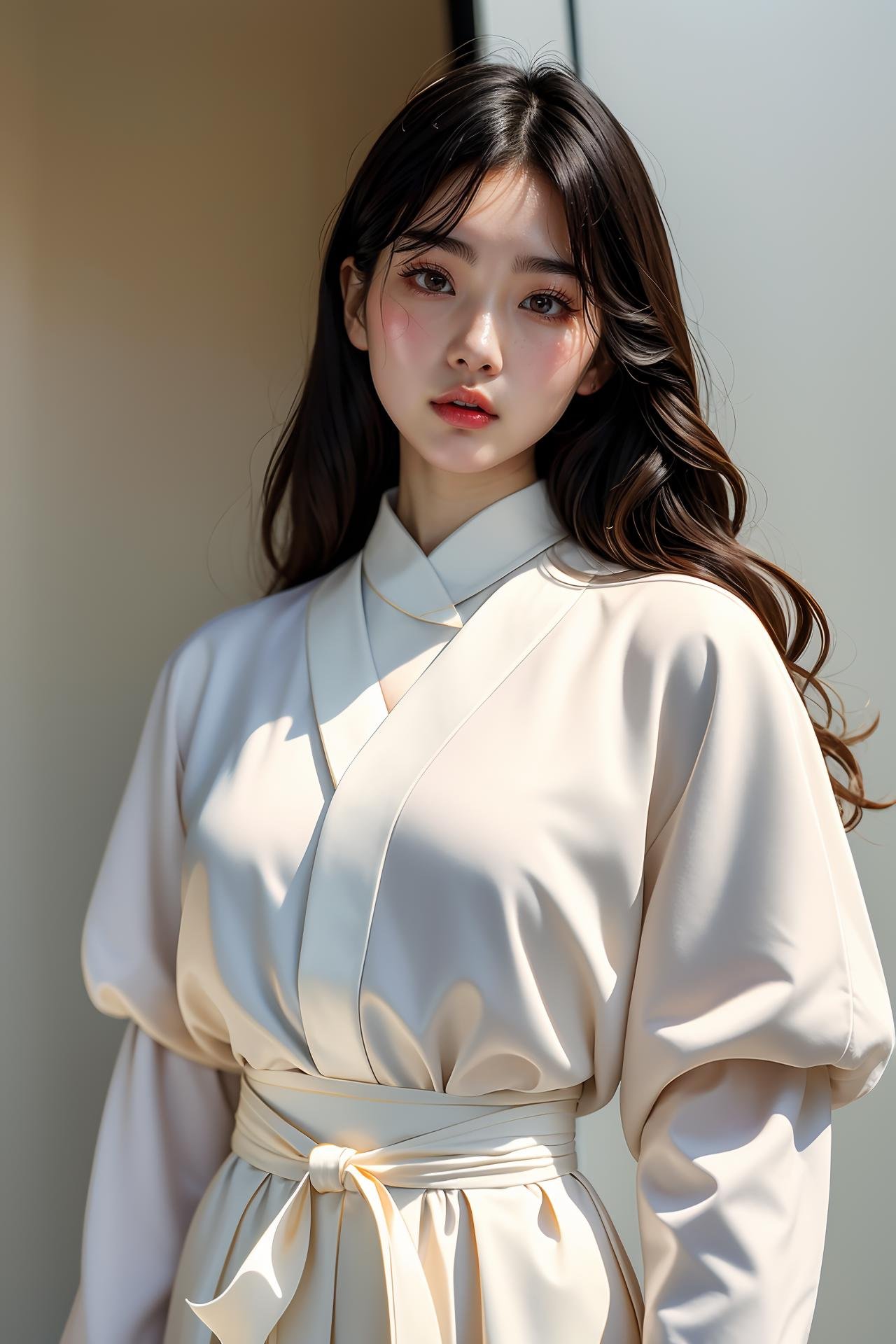 Korean fashion model with retro wavy oily hair, wearing fashionable design clothes, Korean girl looking frontally at the camera, without makeup highlighting the texture and pores of facial skin, full color picture, off-white solid color background --ar 2:3 --v 6